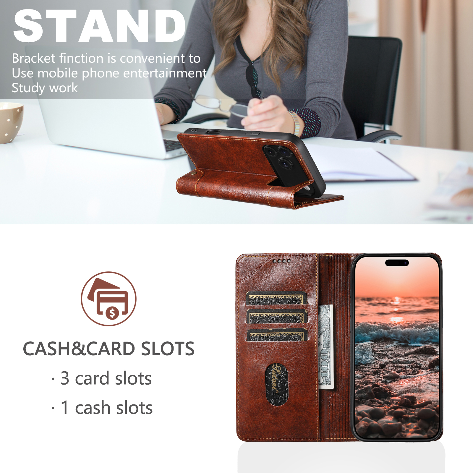 SUTENI BLK Phone Case Faux Leather Card Holder Stand Wallet Magnet Flip Cover For iPhone 17 Pro Max 16 Plus 15 14 13 12