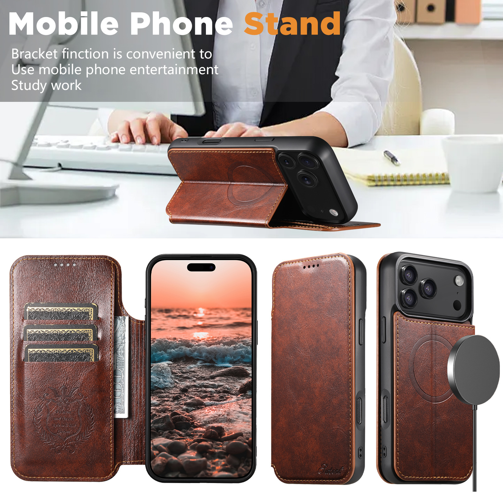 SUTENI J05 Faux Leather Wireless Charging  Card Holder Stand Wallet Magnetic buckle Phone Case For iPhone 17 Pro Max 16 Plus 15 14 13 12