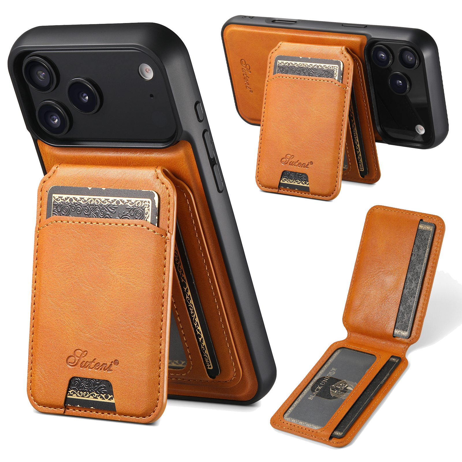 SUTENI H15 Wireless Charging Faux Leather Magnet Card Holder Stand Picture frame Phone Case For iPhone 17 Pro Max 16 Plus 15 14 13 12
