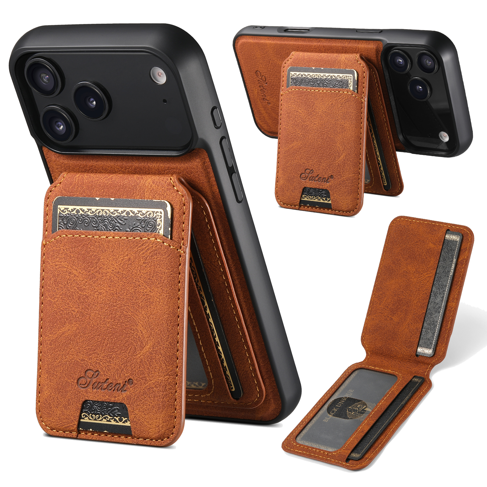 SUTENI H16 Wireless Charging Phone Case Magnet Card Holder Stand Faux Leather For iPhone 17 Pro Max 16 Plus 15 14 13 12