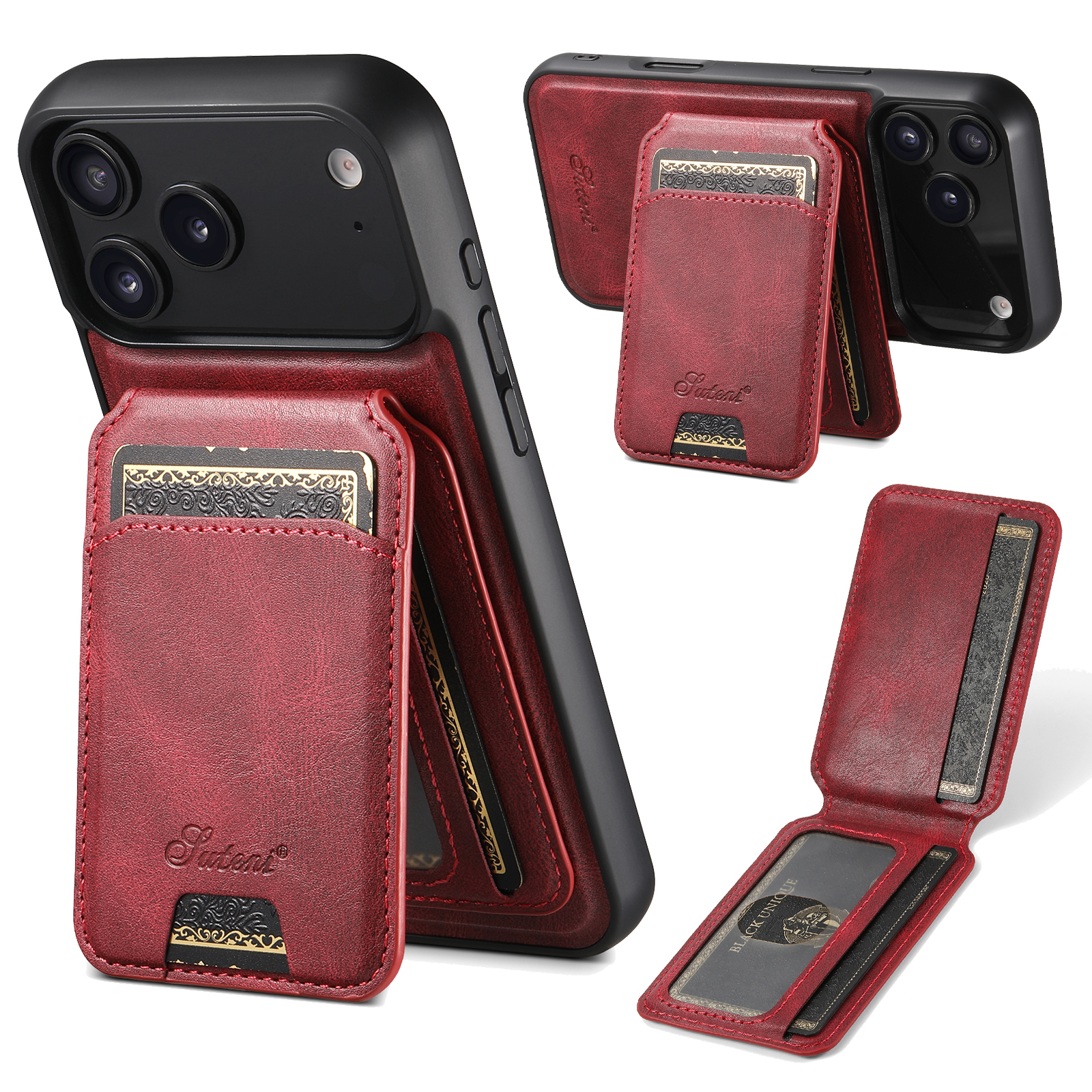 SUTENI H15 Wireless Charging Faux Leather Magnet Card Holder Stand Picture frame Phone Case For iPhone 17 Pro Max 16 Plus 15 14 13 12