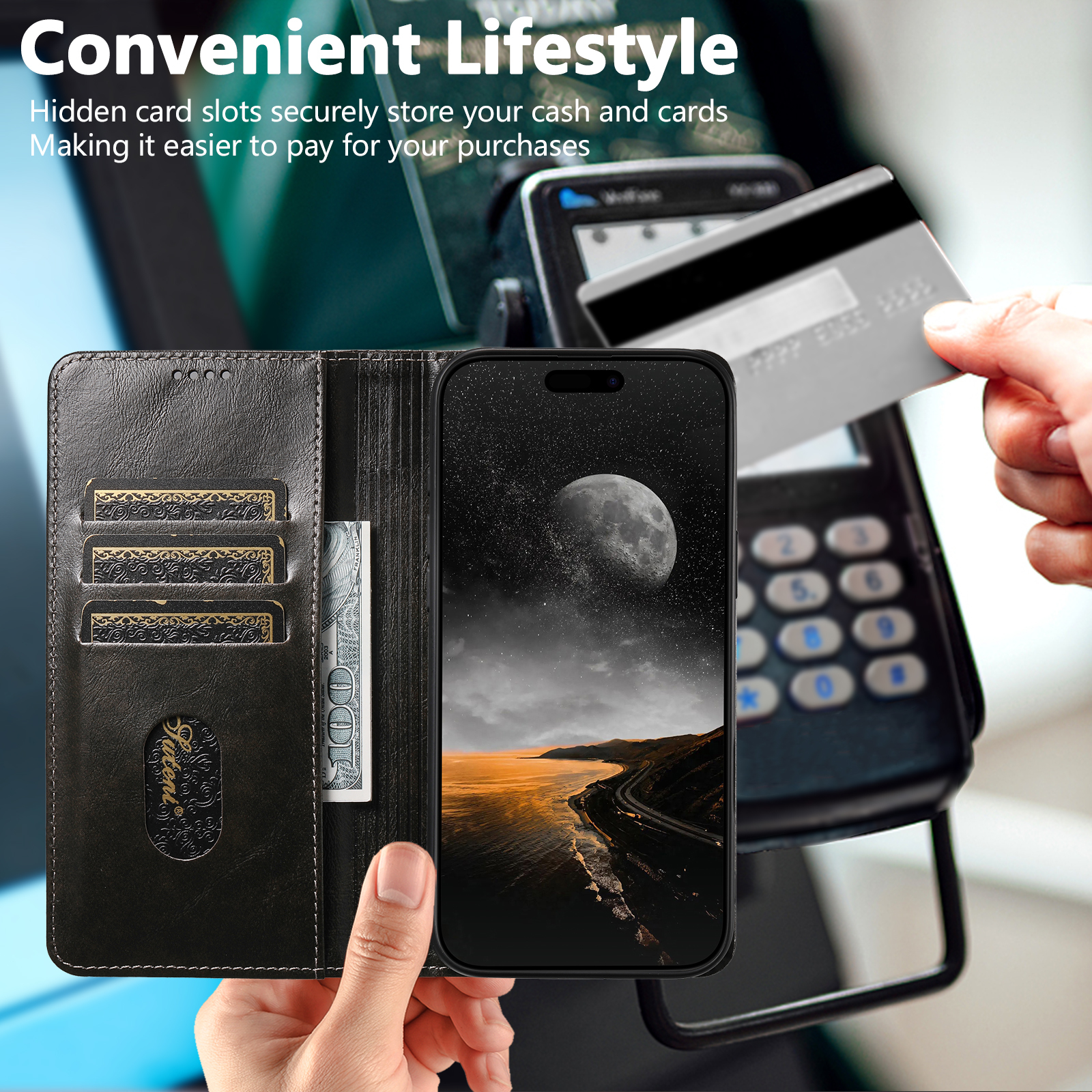SUTENI BLK Phone Case Faux Leather Card Holder Stand Wallet Magnet Flip Cover For iPhone 17 Pro Max 16 Plus 15 14 13 12