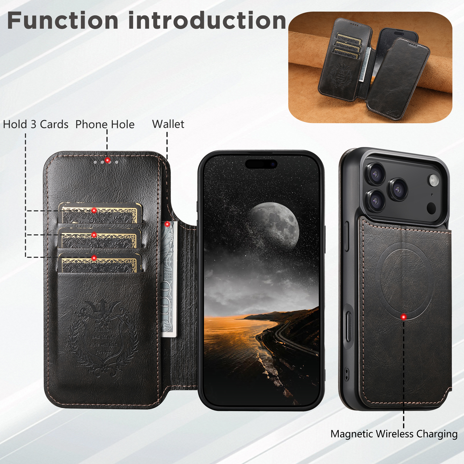 SUTENI J05 Faux Leather Wireless Charging  Card Holder Stand Wallet Magnetic buckle Phone Case For iPhone 17 Pro Max 16 Plus 15 14 13 12