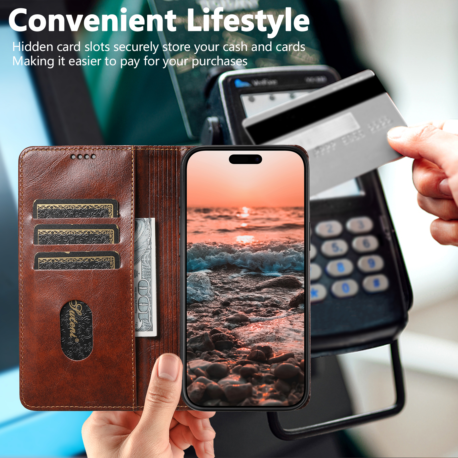 SUTENI BLK Phone Case Faux Leather Card Holder Stand Wallet Magnet Flip Cover For iPhone 17 Pro Max 16 Plus 15 14 13 12