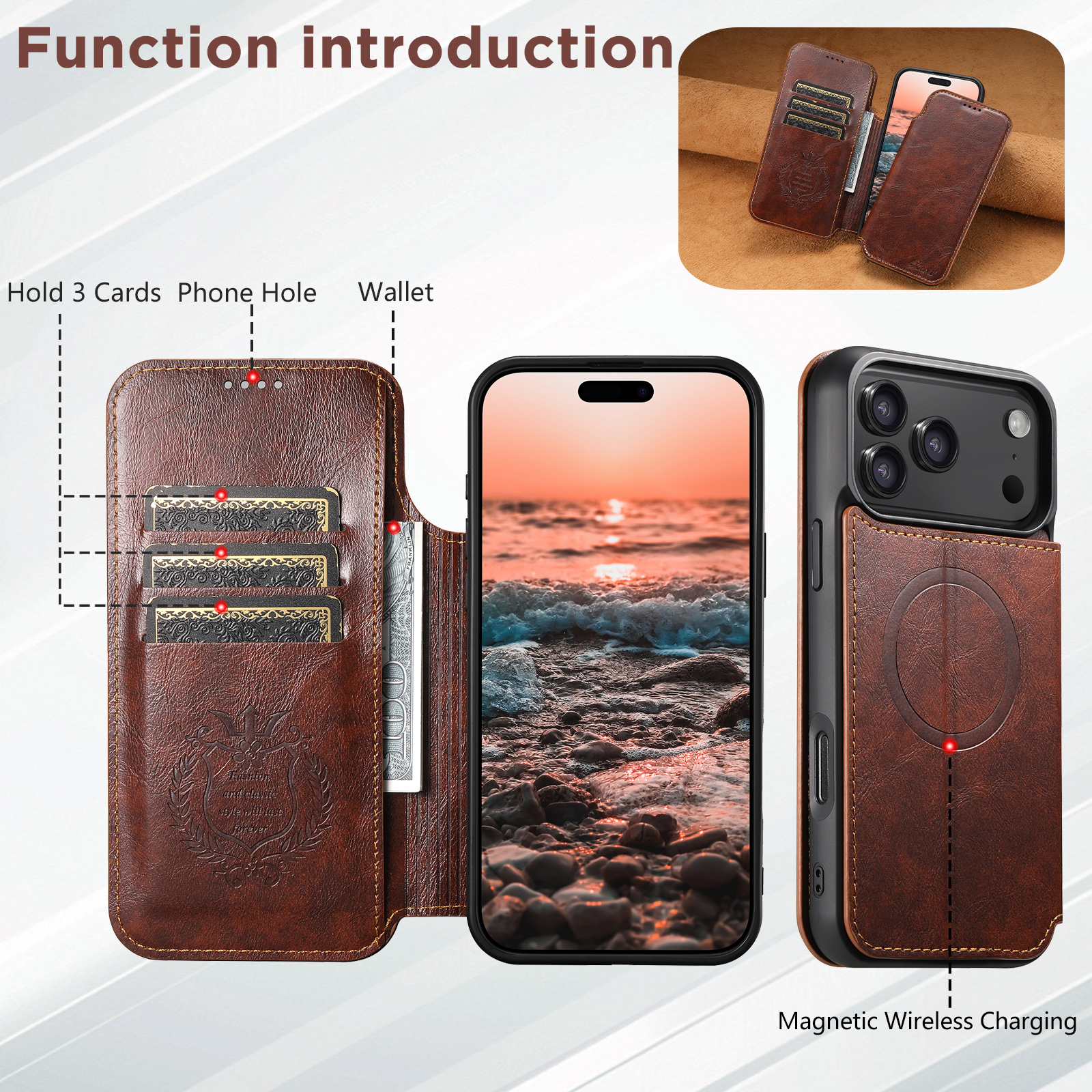 SUTENI J05 Faux Leather Wireless Charging  Card Holder Stand Wallet Magnetic buckle Phone Case For iPhone 17 Pro Max 16 Plus 15 14 13 12
