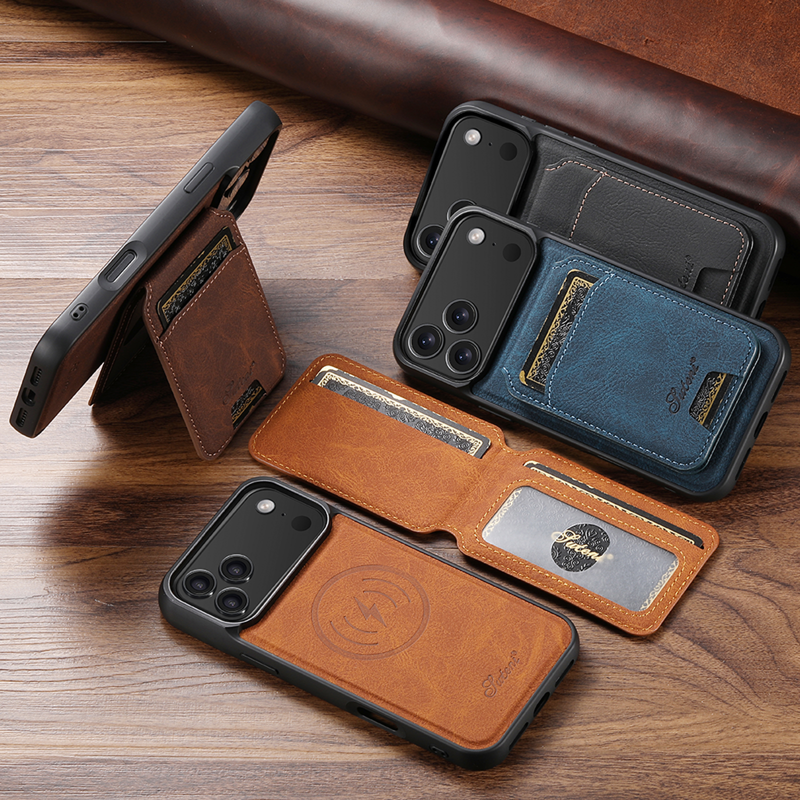 SUTENI H16 Wireless Charging Phone Case Magnet Card Holder Stand Faux Leather For iPhone 17 Pro Max 16 Plus 15 14 13 12