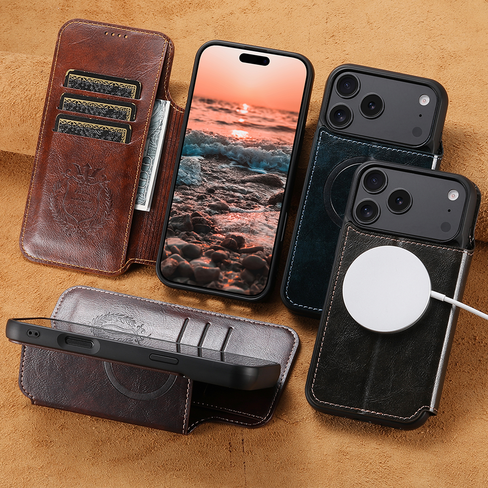 SUTENI J05 Faux Leather Wireless Charging  Card Holder Stand Wallet Magnetic buckle Phone Case For iPhone 17 Pro Max 16 Plus 15 14 13 12