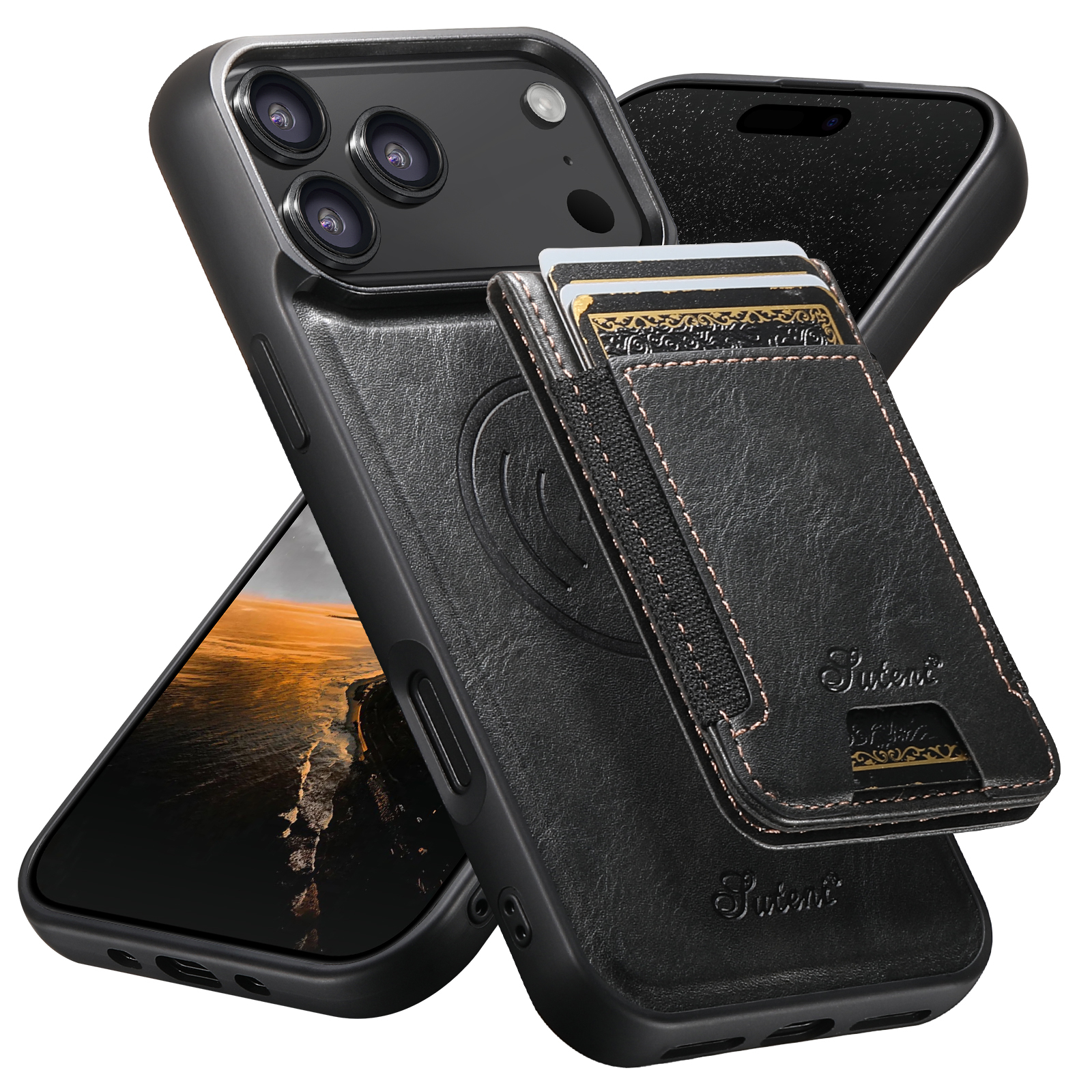 SUTENI H17YL Faux Leather Phone Case Wireless Charging Magnet Card Holder Stand For iPhone 17 Pro Max 16 Plus 15 14 13 12