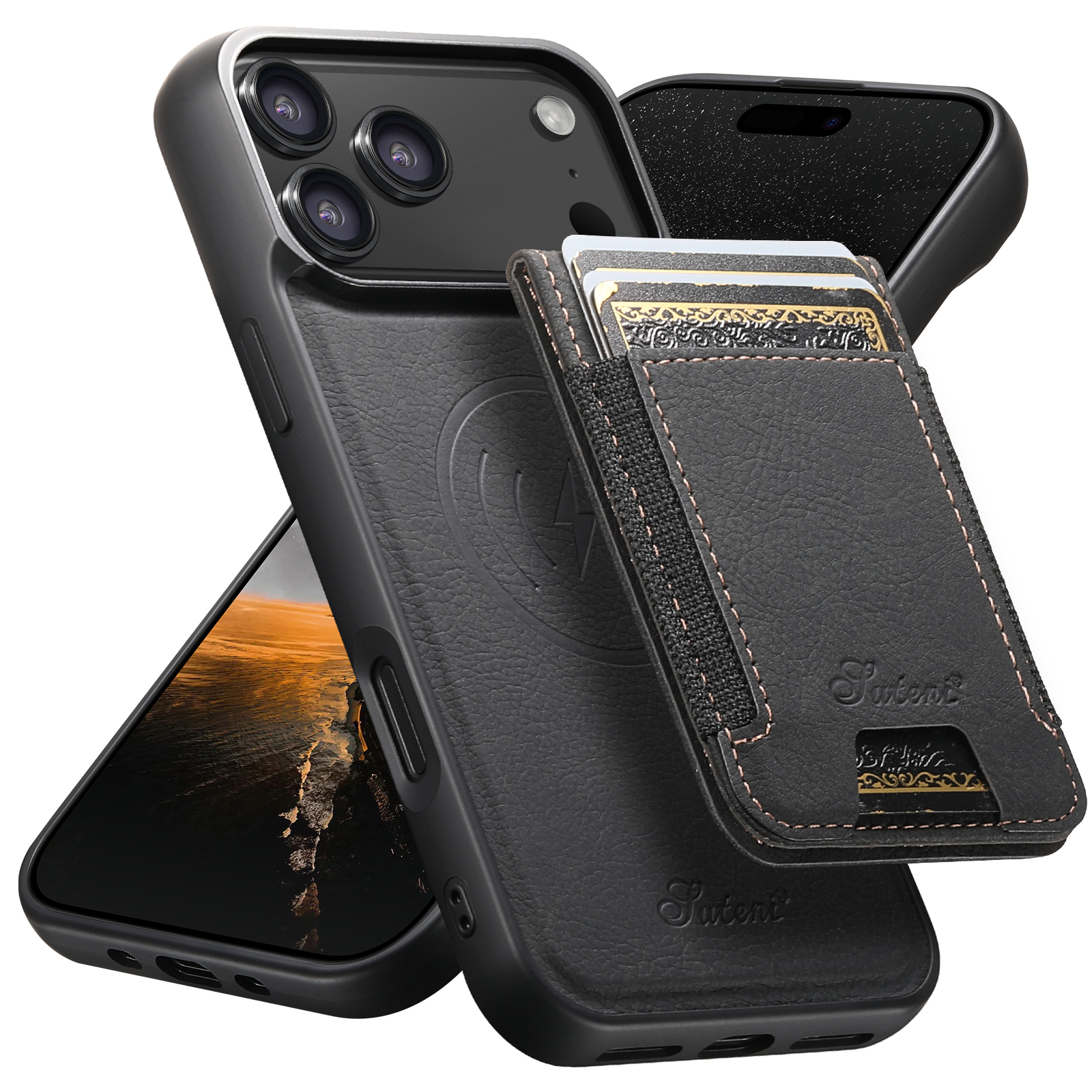 SUTENI H17LZ Magnet Wireless Charging Card Holder Stand Luxury Faux Leather Phone Case For iPhone 17 Pro Max 16 Plus 15 14 13 12