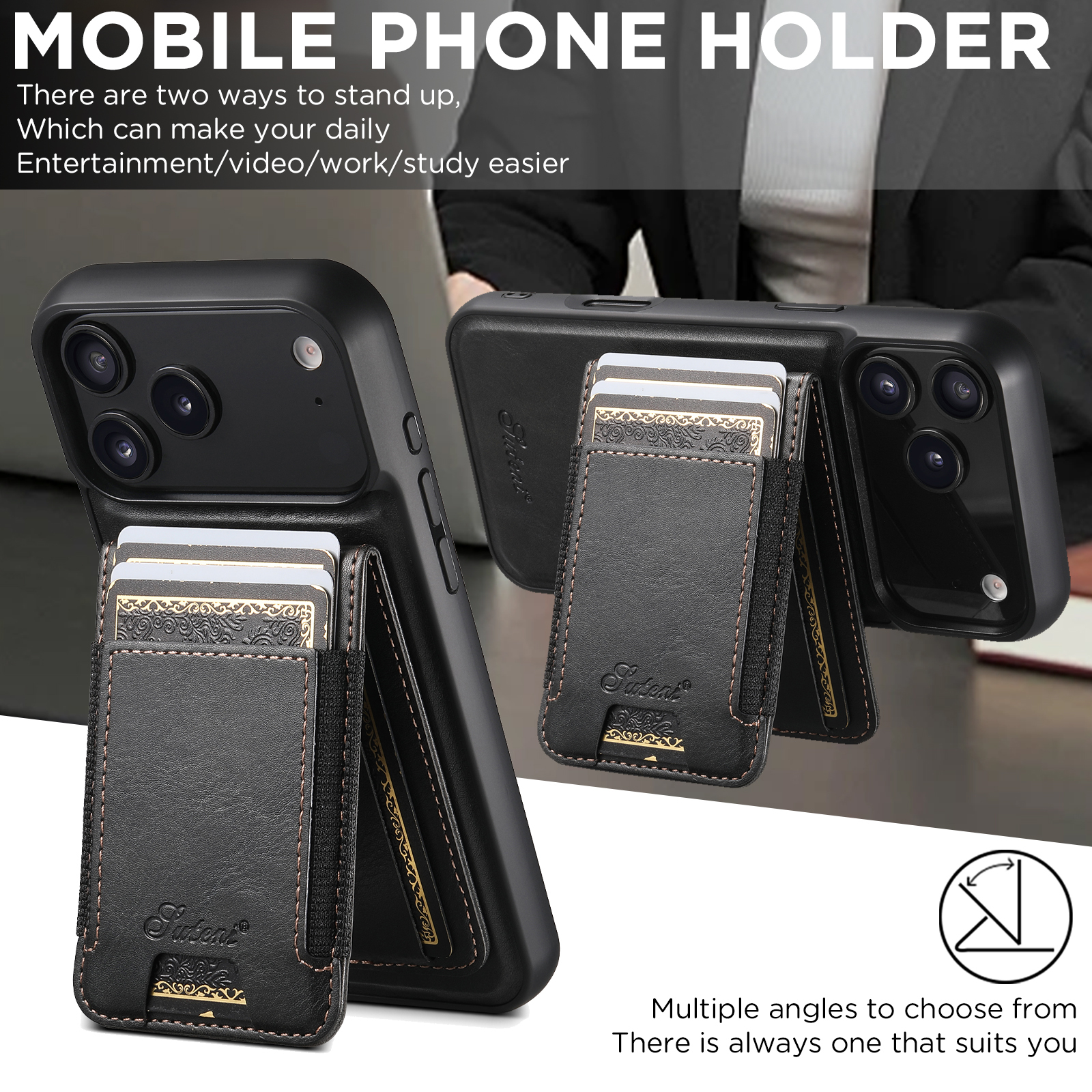 SUTENI H17YL Faux Leather Phone Case Wireless Charging Magnet Card Holder Stand For iPhone 17 Pro Max 16 Plus 15 14 13 12