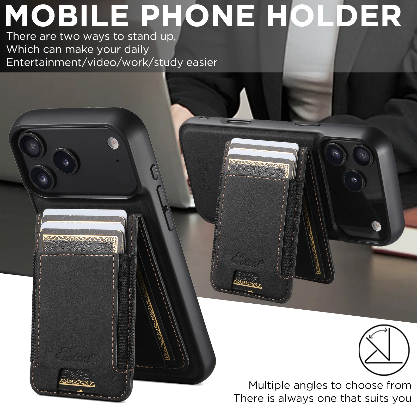 SUTENI H17LZ Magnet Wireless Charging Card Holder Stand Luxury Faux Leather Phone Case For iPhone 17 Pro Max 16 Plus 15 14 13 12