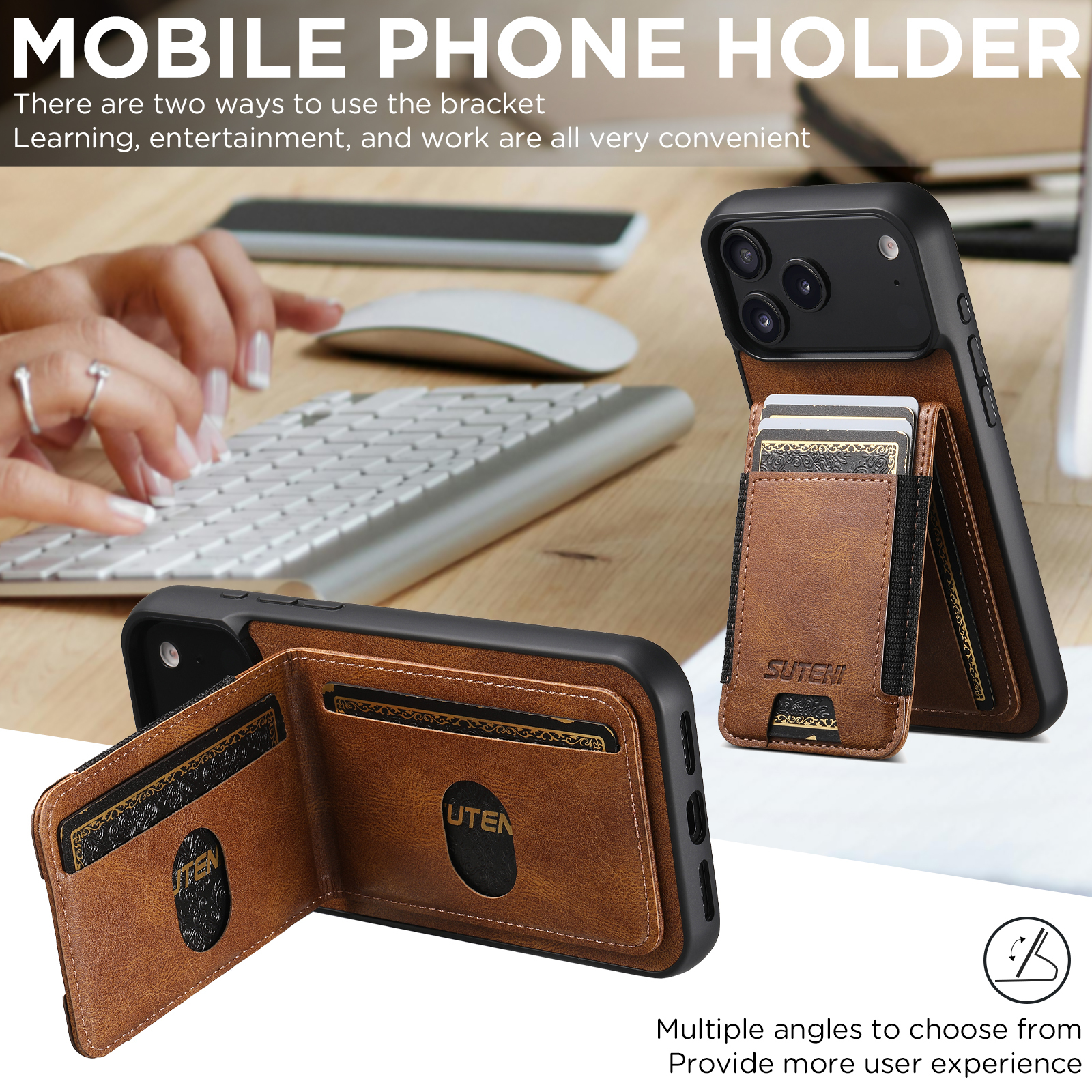 SUTENI H03YL Card Holder Phone Case Luxury Faux Leather Stand For iPhone 17 Pro Max 16 Plus 15 14 13 12