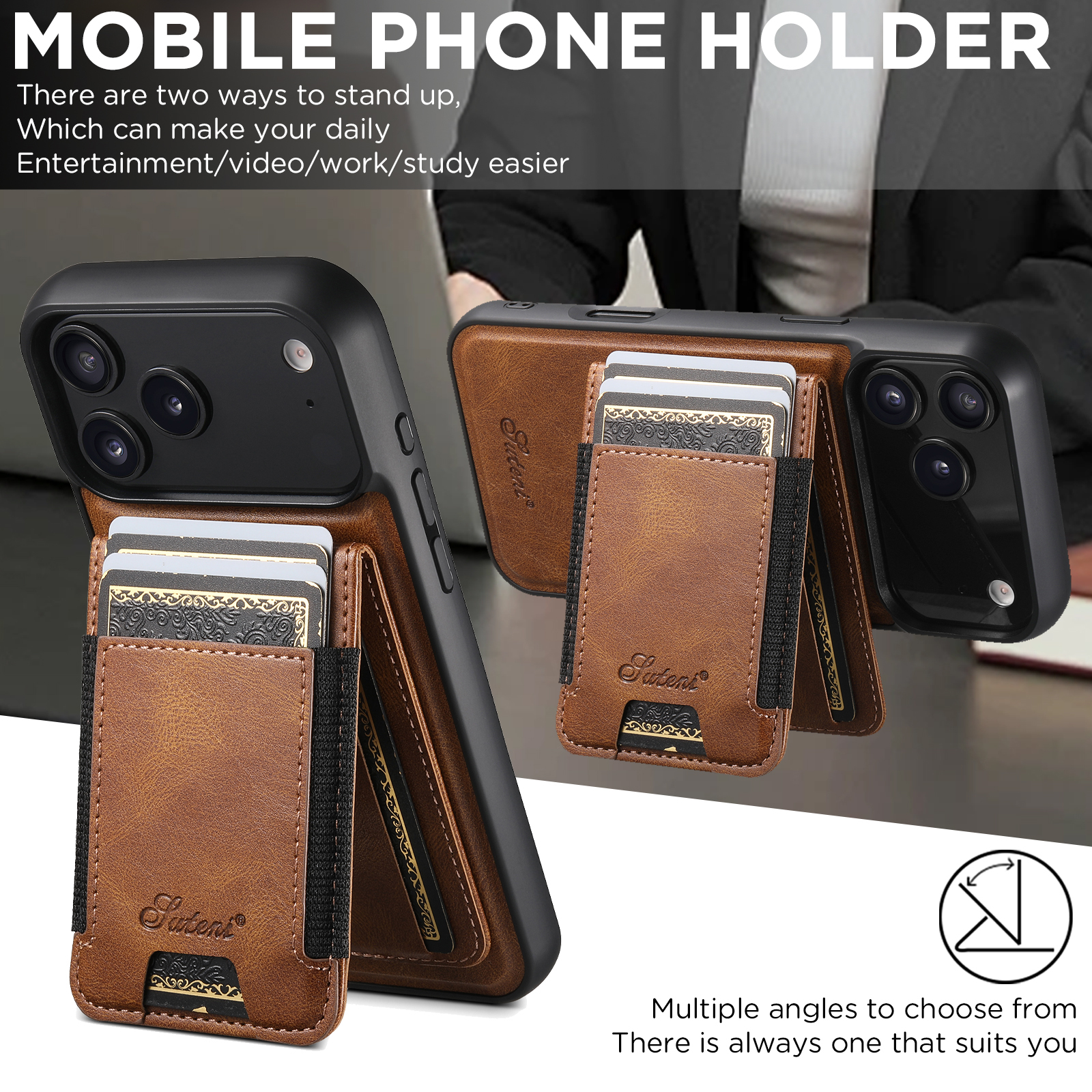 SUTENI H17YL Faux Leather Phone Case Wireless Charging Magnet Card Holder Stand For iPhone 17 Pro Max 16 Plus 15 14 13 12
