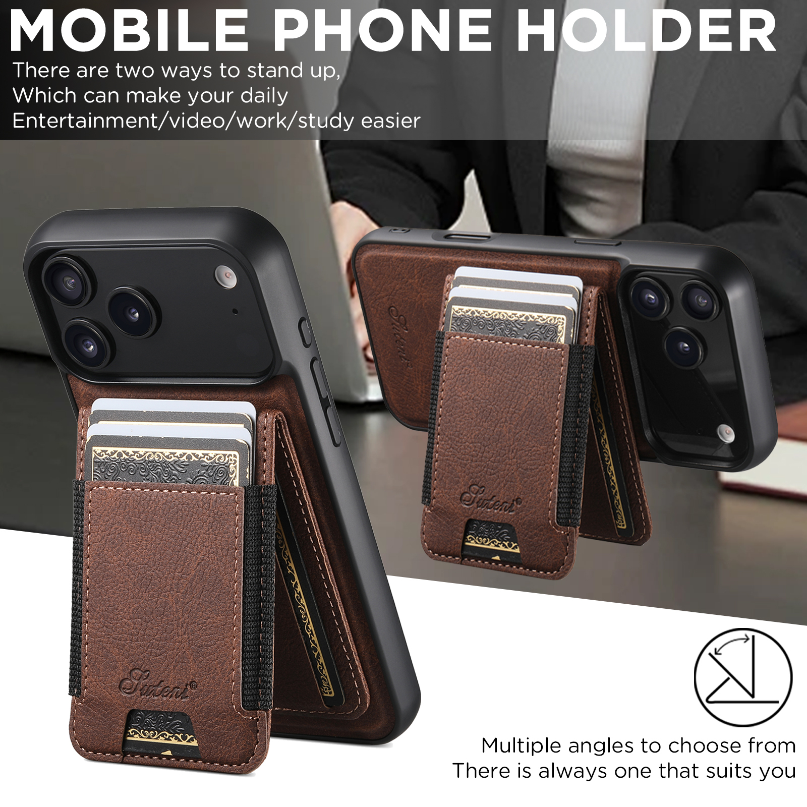 SUTENI H17LZ Magnet Wireless Charging Card Holder Stand Luxury Faux Leather Phone Case For iPhone 17 Pro Max 16 Plus 15 14 13 12