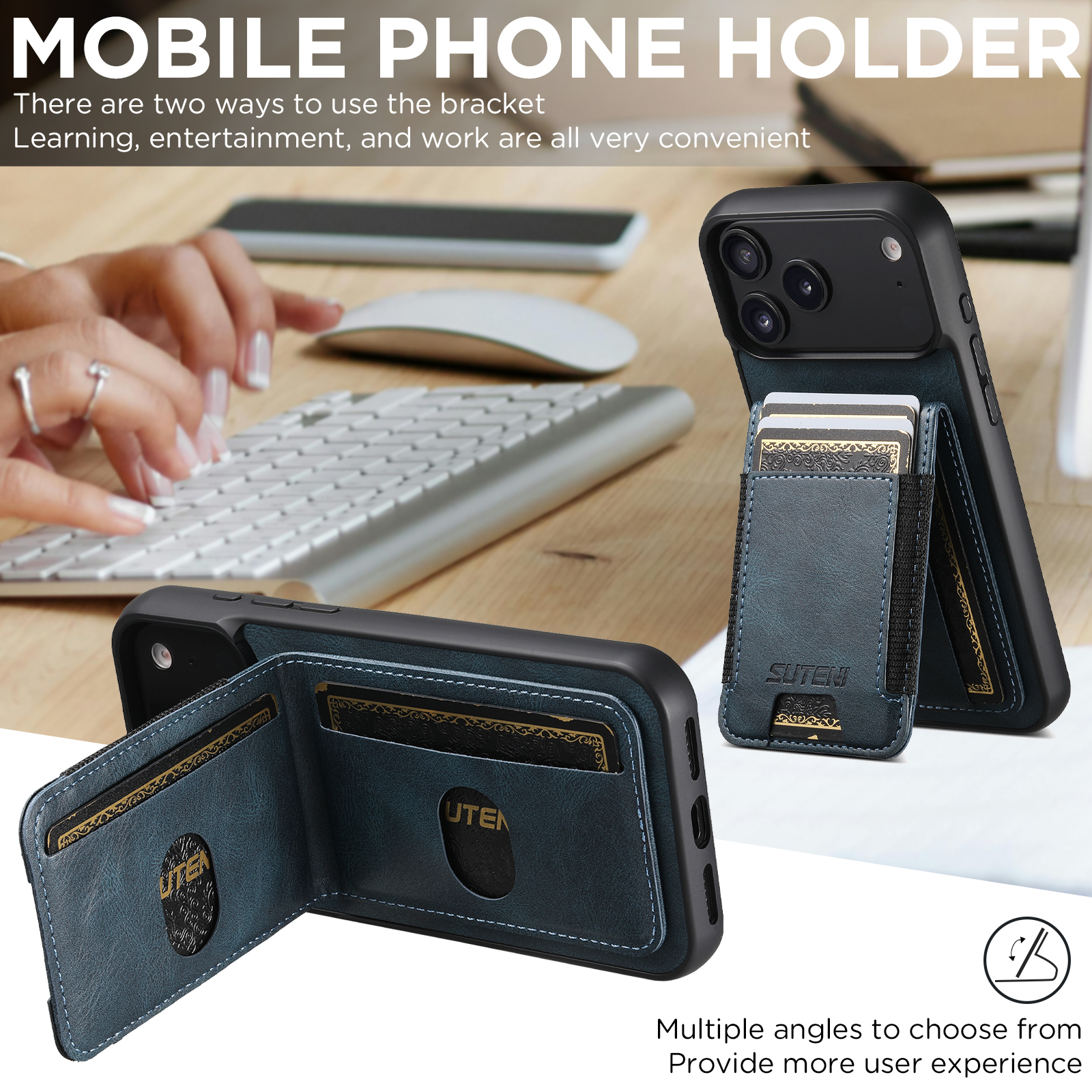 SUTENI H03YL Card Holder Phone Case Luxury Faux Leather Stand For iPhone 17 Pro Max 16 Plus 15 14 13 12