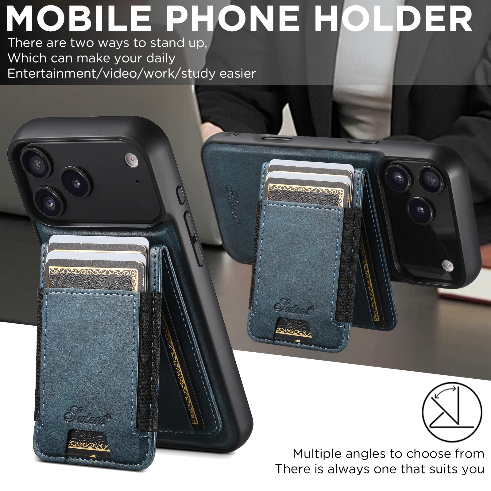 SUTENI H17YL Faux Leather Phone Case Wireless Charging Magnet Card Holder Stand For iPhone 17 Pro Max 16 Plus 15 14 13 12