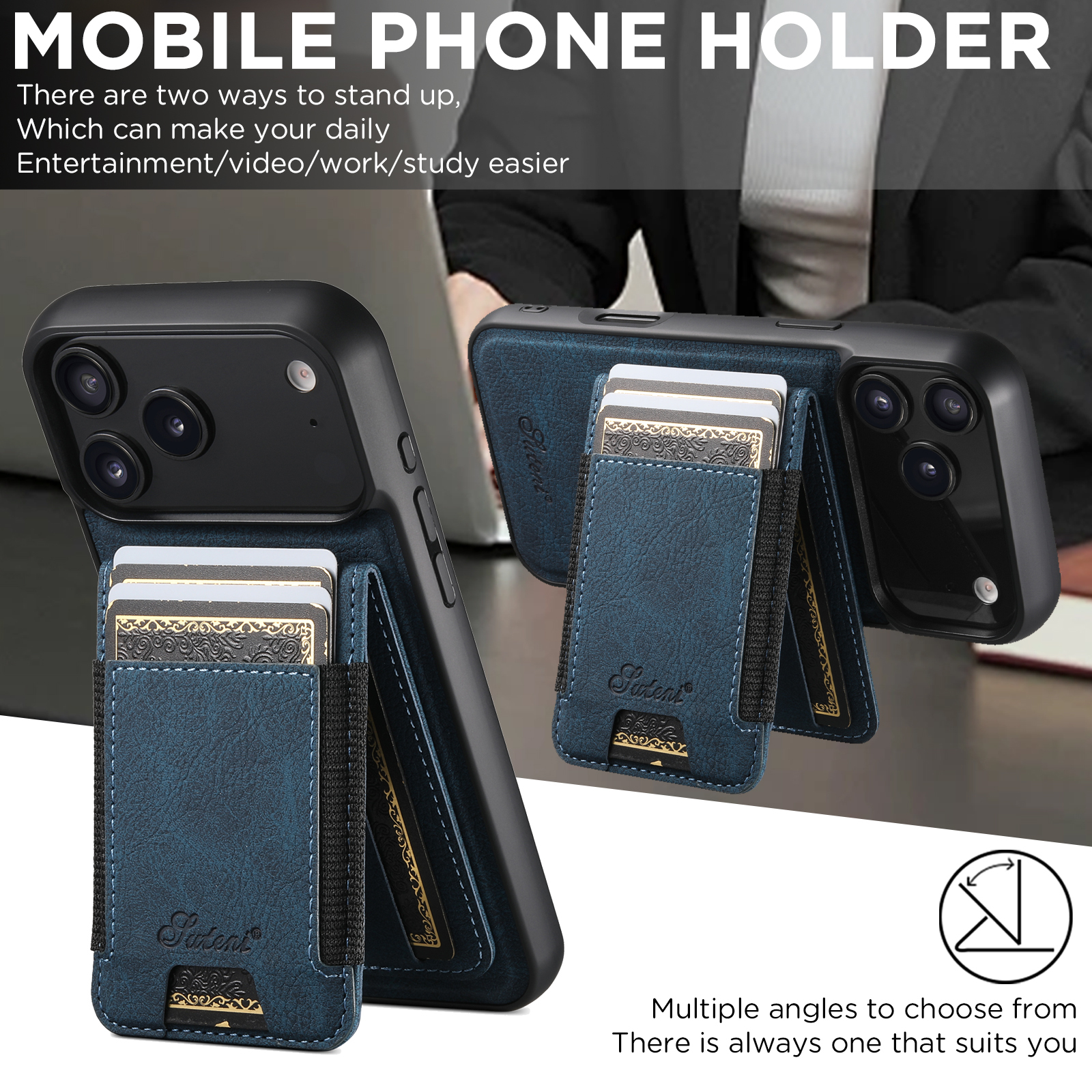 SUTENI H17LZ Magnet Wireless Charging Card Holder Stand Luxury Faux Leather Phone Case For iPhone 17 Pro Max 16 Plus 15 14 13 12