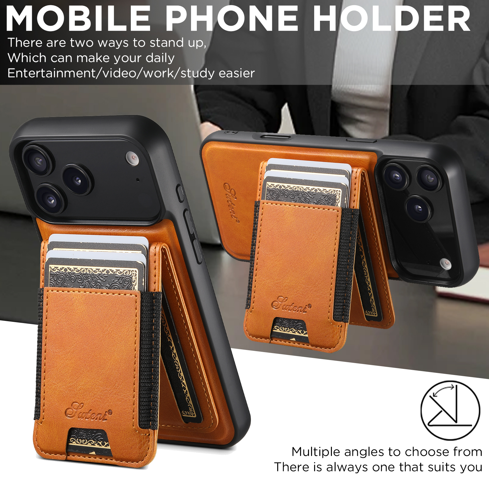 SUTENI H17YL Faux Leather Phone Case Wireless Charging Magnet Card Holder Stand For iPhone 17 Pro Max 16 Plus 15 14 13 12