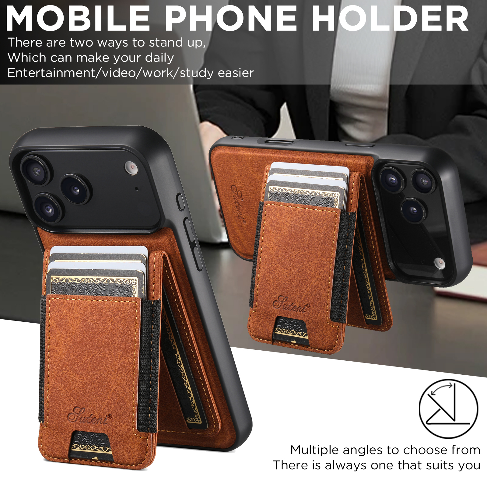 SUTENI H17LZ Magnet Wireless Charging Card Holder Stand Luxury Faux Leather Phone Case For iPhone 17 Pro Max 16 Plus 15 14 13 12