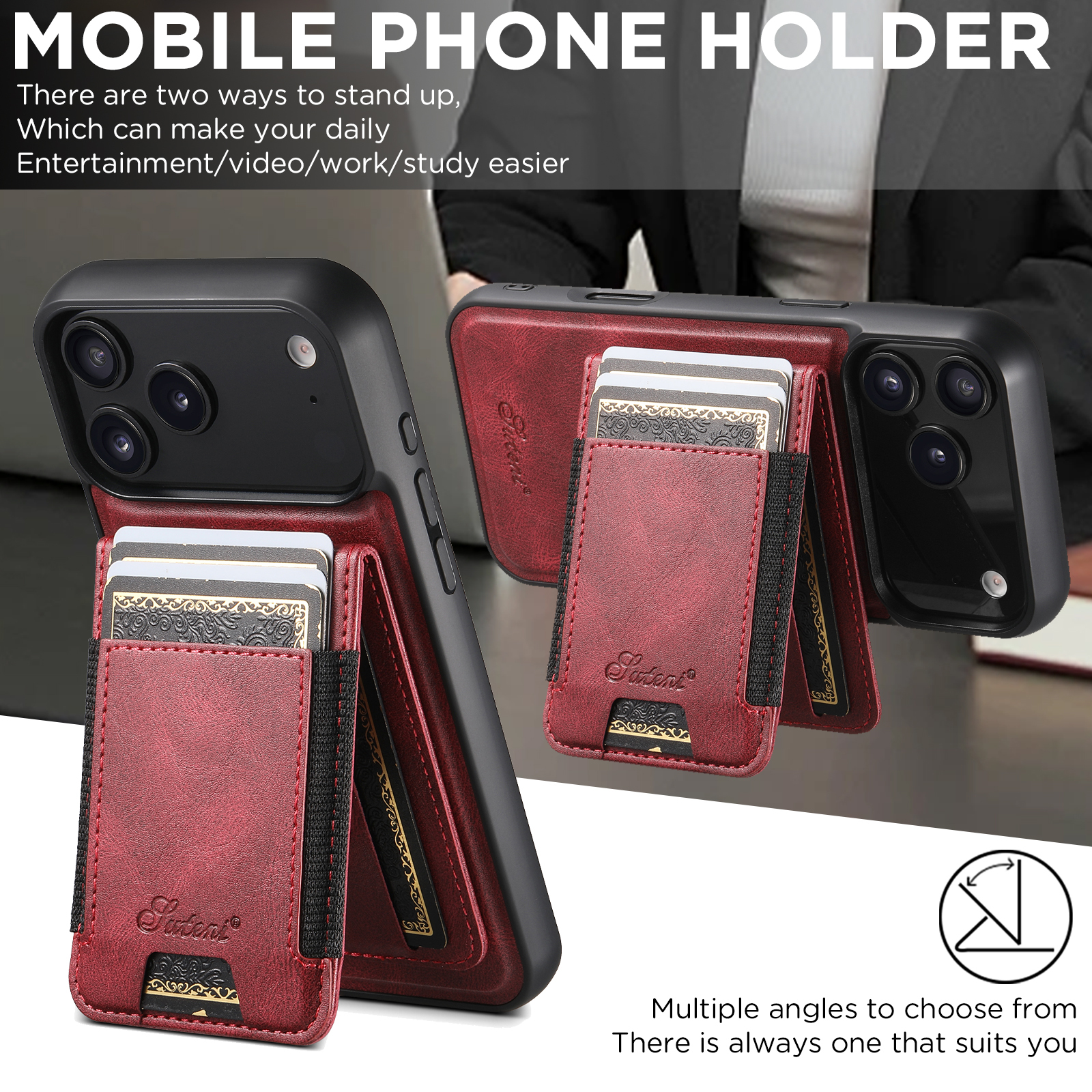 SUTENI H17YL Faux Leather Phone Case Wireless Charging Magnet Card Holder Stand For iPhone 17 Pro Max 16 Plus 15 14 13 12
