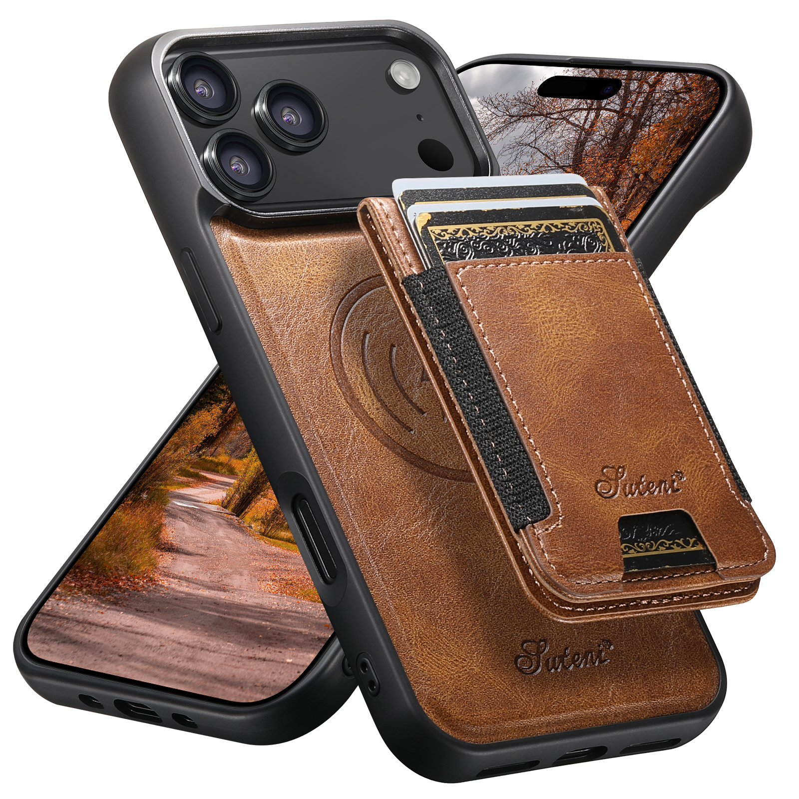 SUTENI H17YL Faux Leather Phone Case Wireless Charging Magnet Card Holder Stand For iPhone 17 Pro Max 16 Plus 15 14 13 12