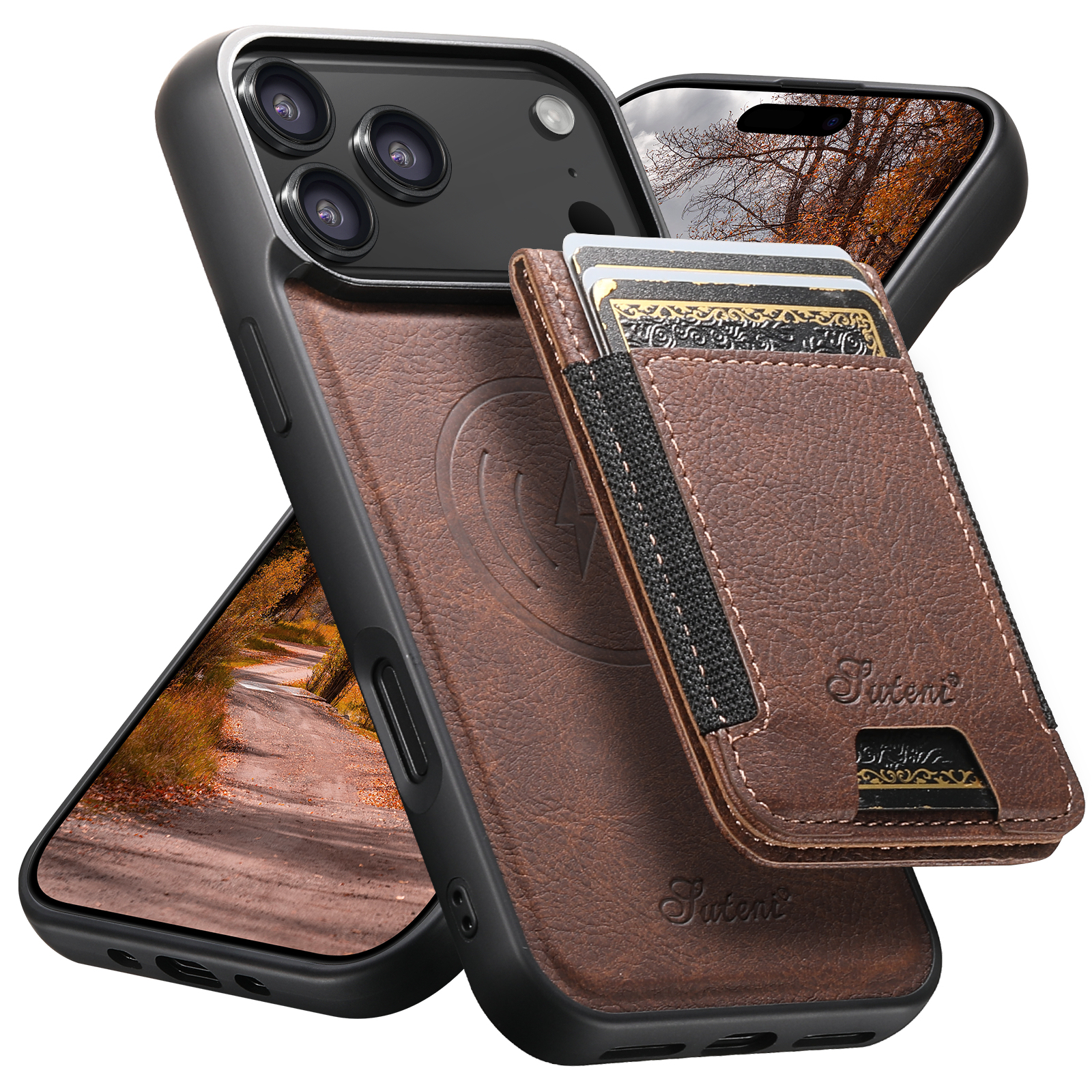 SUTENI H17LZ Magnet Wireless Charging Card Holder Stand Luxury Faux Leather Phone Case For iPhone 17 Pro Max 16 Plus 15 14 13 12