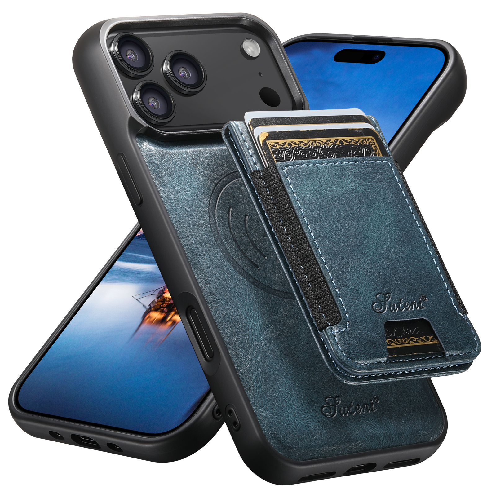 SUTENI H17YL Faux Leather Phone Case Wireless Charging Magnet Card Holder Stand For iPhone 17 Pro Max 16 Plus 15 14 13 12