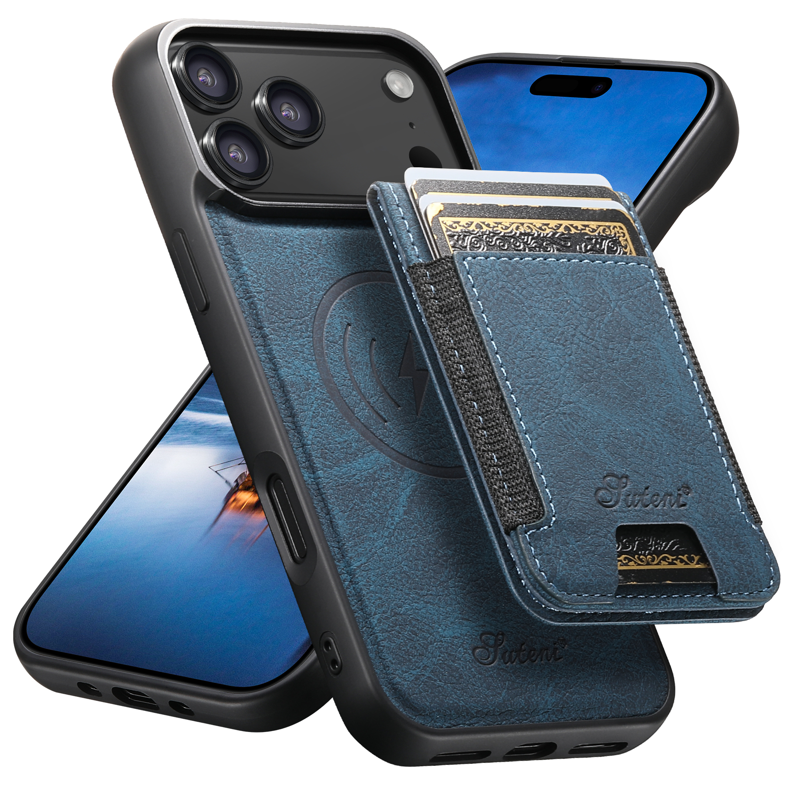 SUTENI H17LZ Magnet Wireless Charging Card Holder Stand Luxury Faux Leather Phone Case For iPhone 17 Pro Max 16 Plus 15 14 13 12