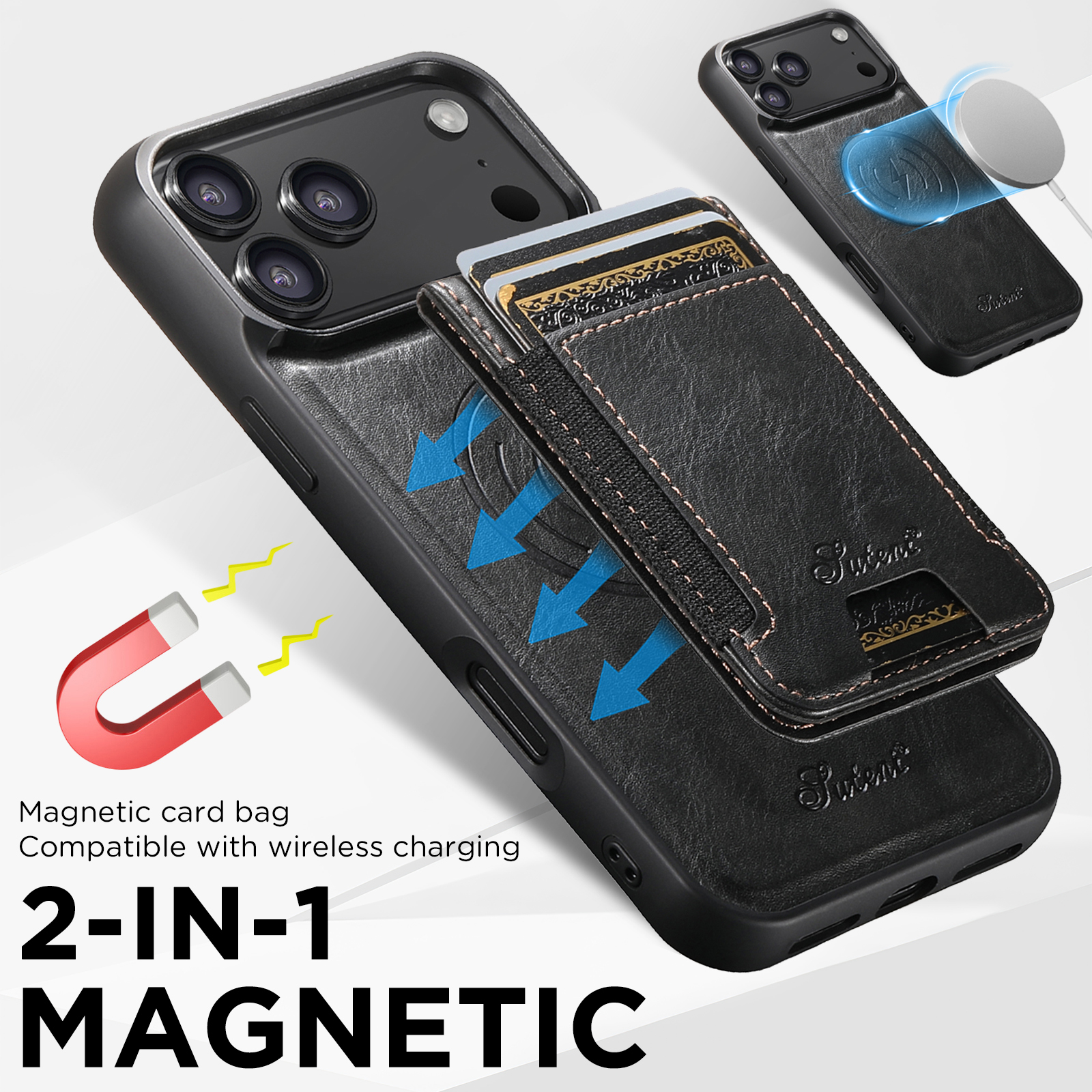 SUTENI H17YL Faux Leather Phone Case Wireless Charging Magnet Card Holder Stand For iPhone 17 Pro Max 16 Plus 15 14 13 12