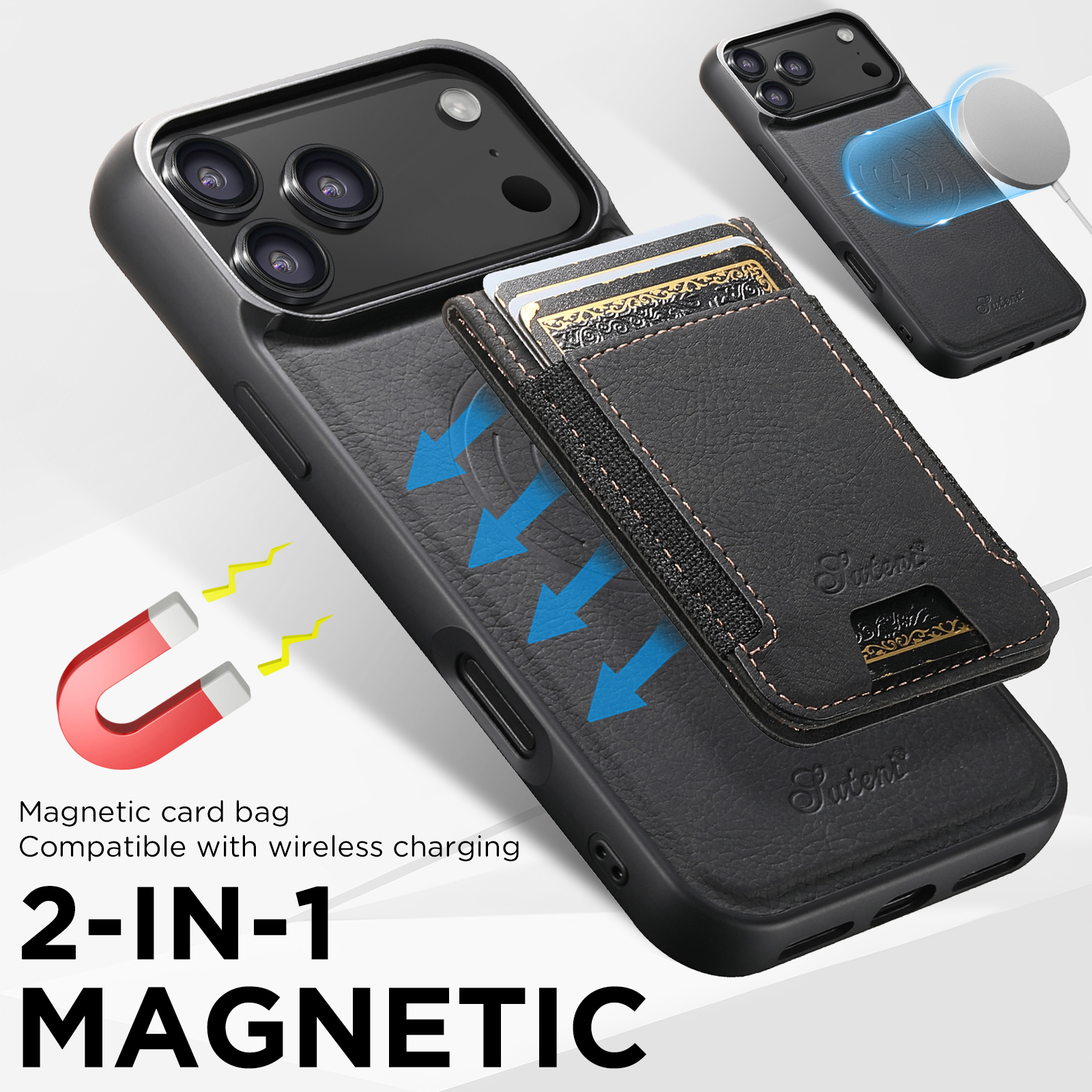 SUTENI H17LZ Magnet Wireless Charging Card Holder Stand Luxury Faux Leather Phone Case For iPhone 17 Pro Max 16 Plus 15 14 13 12