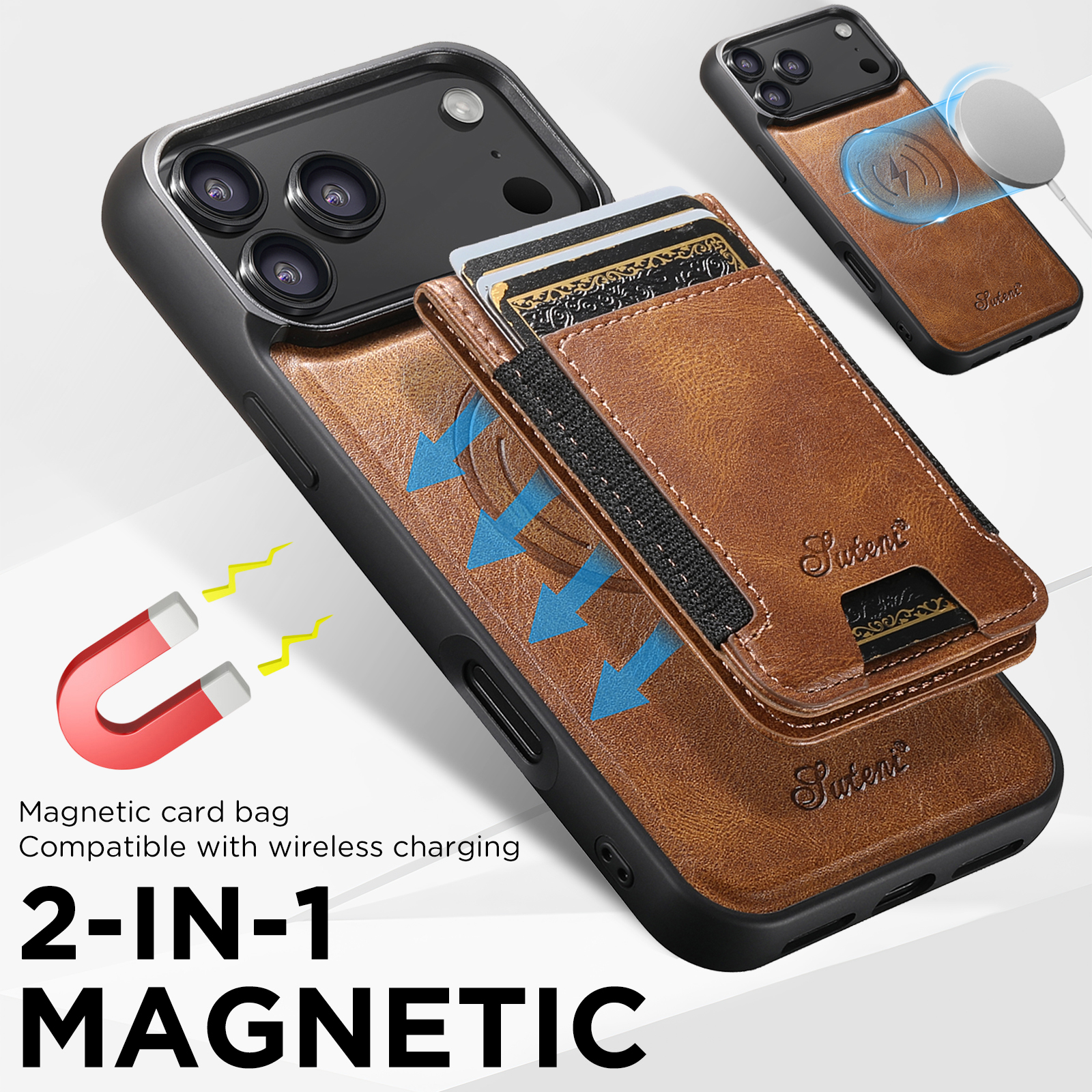 SUTENI H17YL Faux Leather Phone Case Wireless Charging Magnet Card Holder Stand For iPhone 17 Pro Max 16 Plus 15 14 13 12