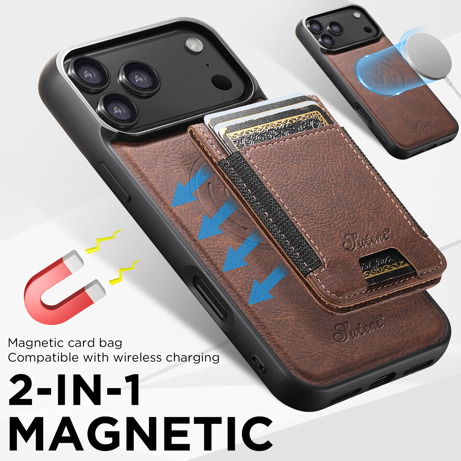 SUTENI H17LZ Magnet Wireless Charging Card Holder Stand Luxury Faux Leather Phone Case For iPhone 17 Pro Max 16 Plus 15 14 13 12