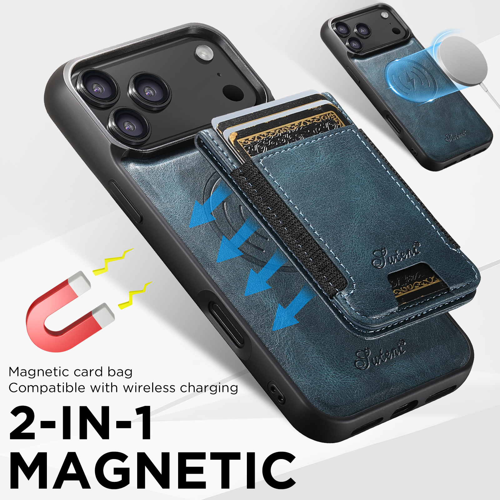 SUTENI H17YL Faux Leather Phone Case Wireless Charging Magnet Card Holder Stand For iPhone 17 Pro Max 16 Plus 15 14 13 12