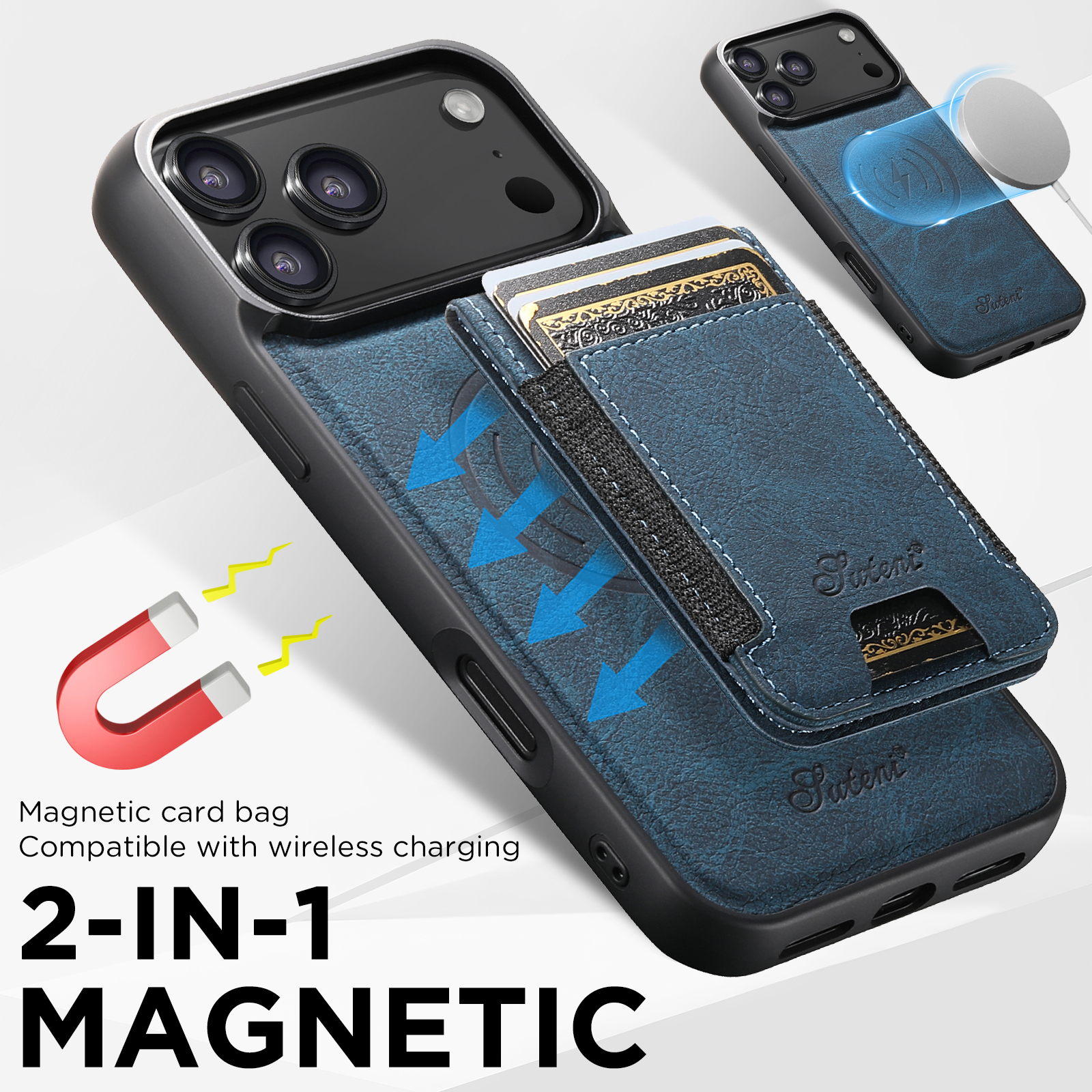 SUTENI H17LZ Magnet Wireless Charging Card Holder Stand Luxury Faux Leather Phone Case For iPhone 17 Pro Max 16 Plus 15 14 13 12