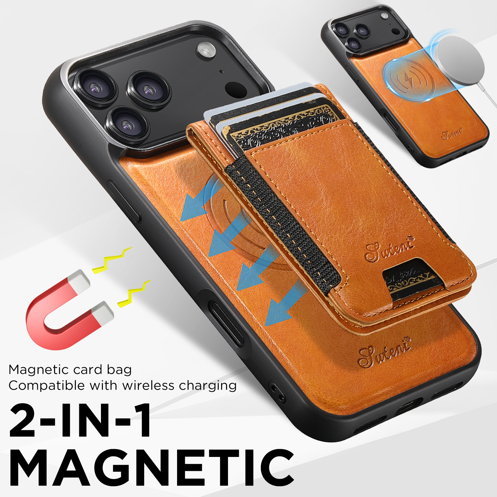 SUTENI H17YL Faux Leather Phone Case Wireless Charging Magnet Card Holder Stand For iPhone 17 Pro Max 16 Plus 15 14 13 12