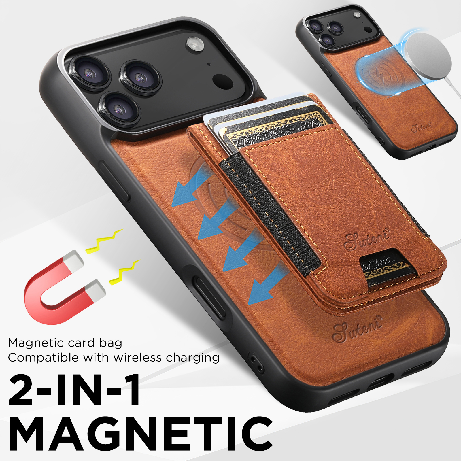 SUTENI H17LZ Magnet Wireless Charging Card Holder Stand Luxury Faux Leather Phone Case For iPhone 17 Pro Max 16 Plus 15 14 13 12