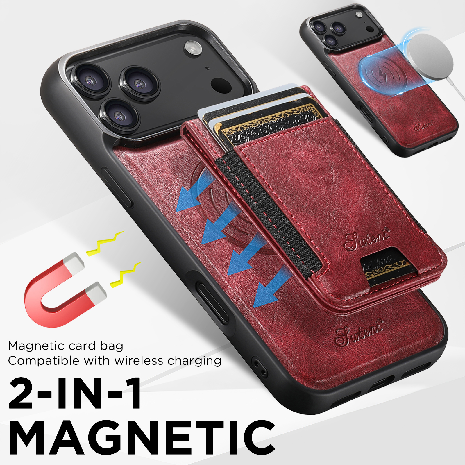 SUTENI H17YL Faux Leather Phone Case Wireless Charging Magnet Card Holder Stand For iPhone 17 Pro Max 16 Plus 15 14 13 12