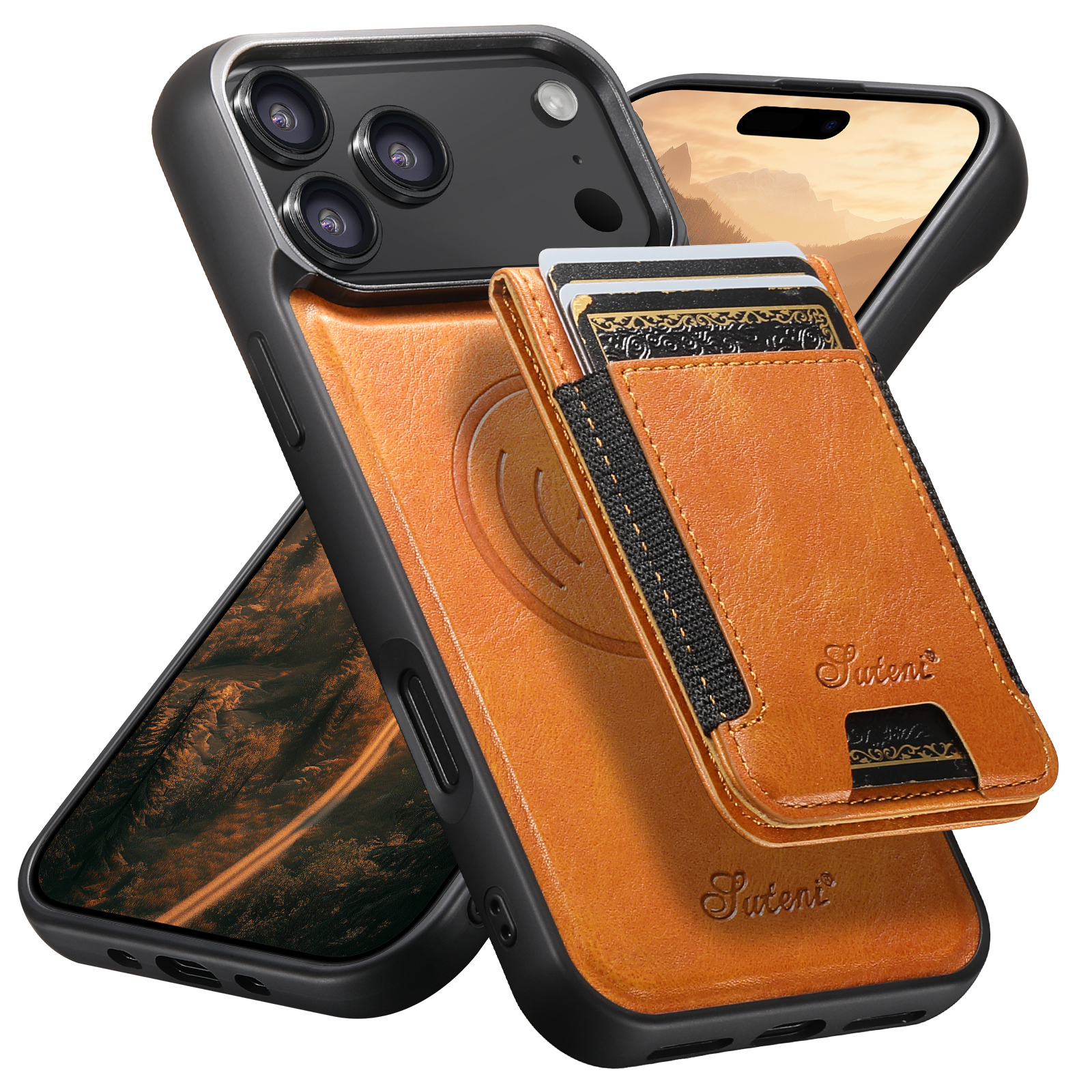 SUTENI H17YL Faux Leather Phone Case Wireless Charging Magnet Card Holder Stand For iPhone 17 Pro Max 16 Plus 15 14 13 12