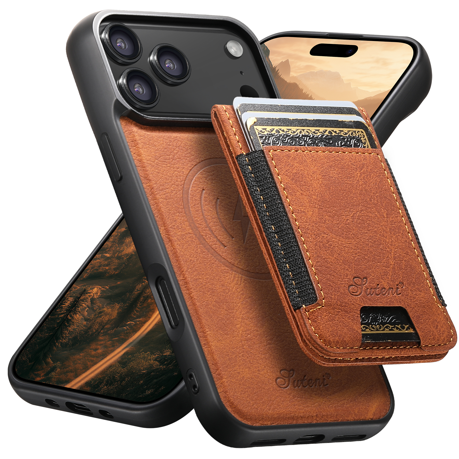 SUTENI H17LZ Magnet Wireless Charging Card Holder Stand Luxury Faux Leather Phone Case For iPhone 17 Pro Max 16 Plus 15 14 13 12
