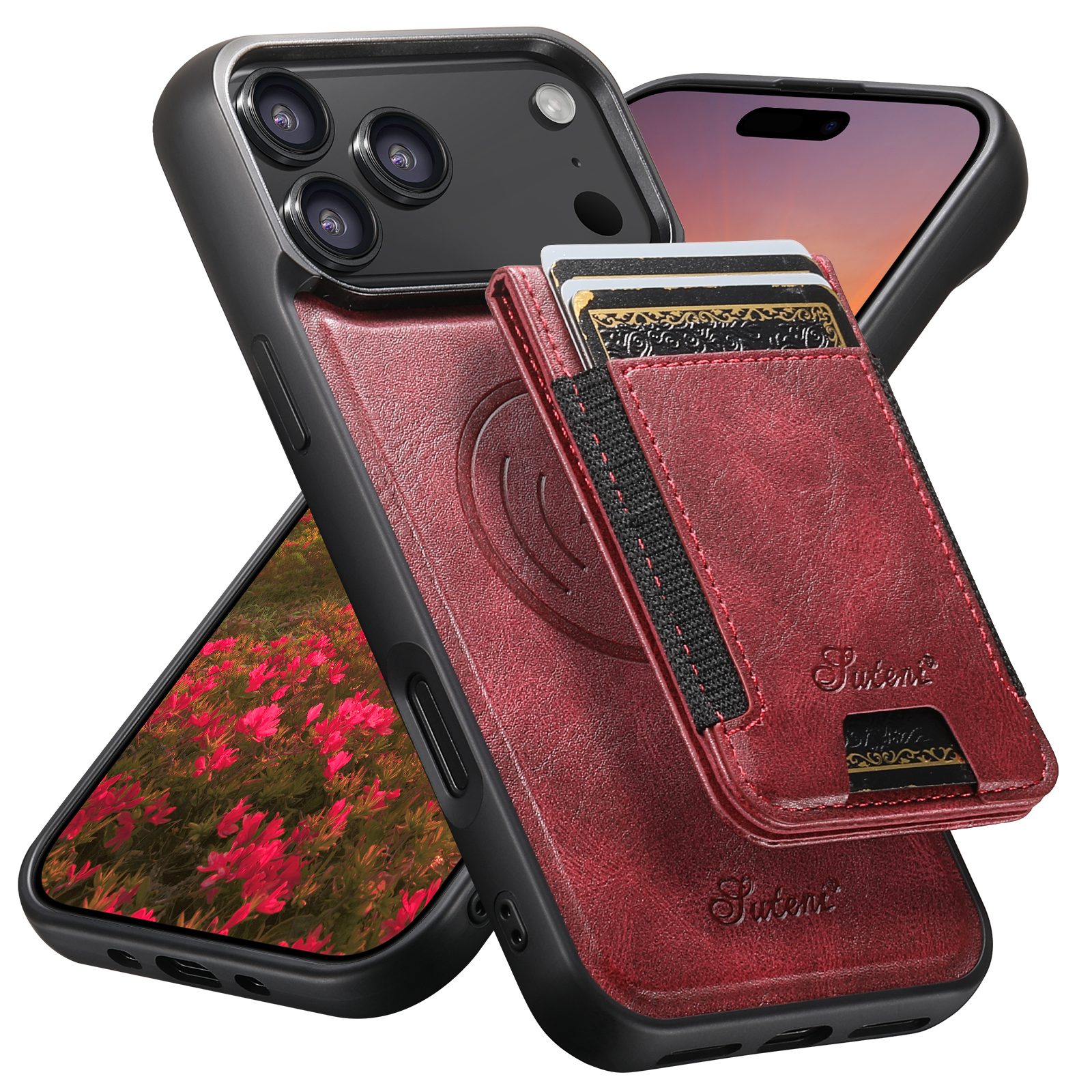 SUTENI H17YL Faux Leather Phone Case Wireless Charging Magnet Card Holder Stand For iPhone 17 Pro Max 16 Plus 15 14 13 12
