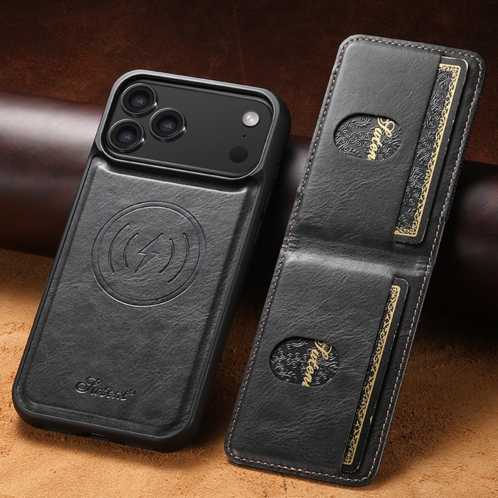 SUTENI H17YL Faux Leather Phone Case Wireless Charging Magnet Card Holder Stand For iPhone 17 Pro Max 16 Plus 15 14 13 12