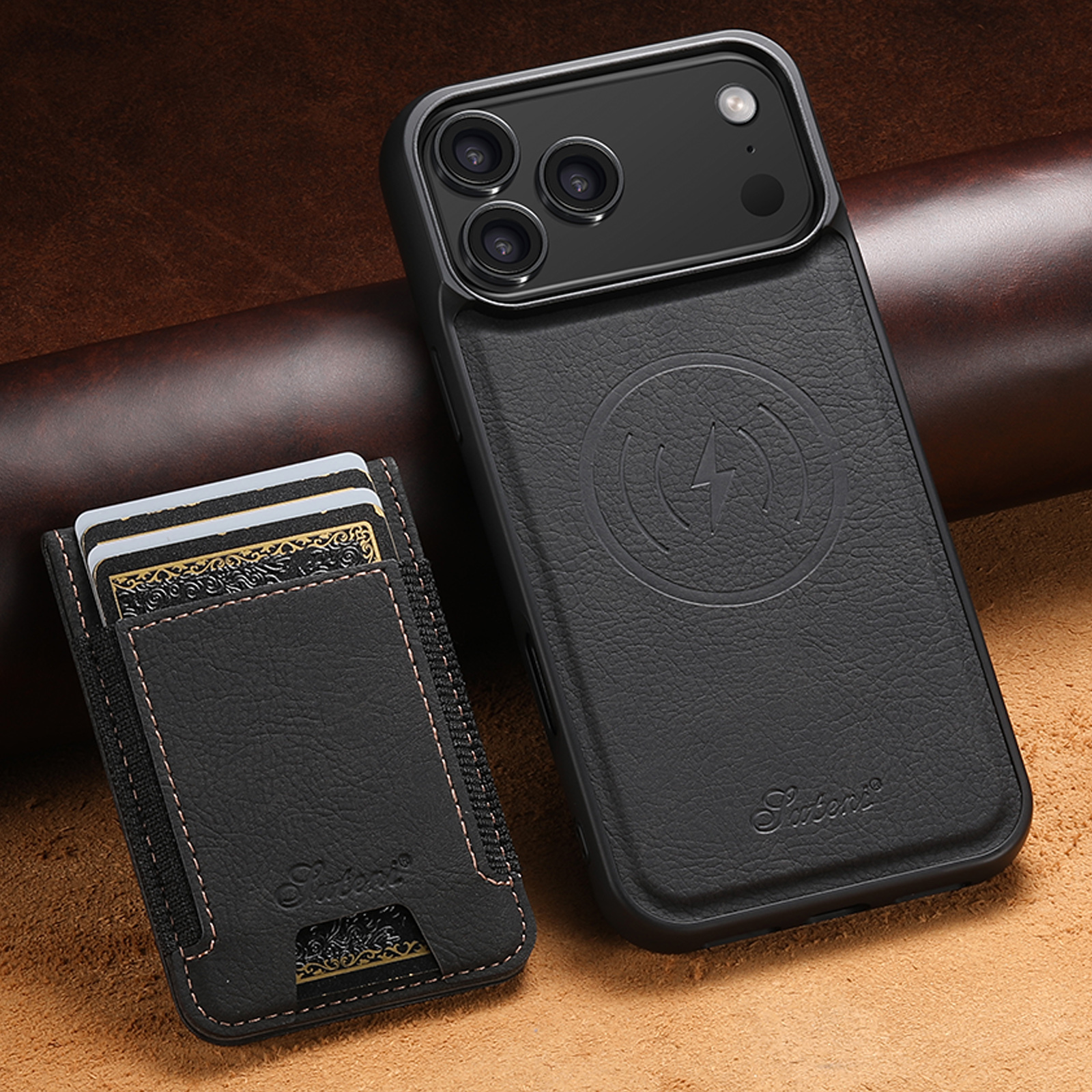 SUTENI H17LZ Magnet Wireless Charging Card Holder Stand Luxury Faux Leather Phone Case For iPhone 17 Pro Max 16 Plus 15 14 13 12