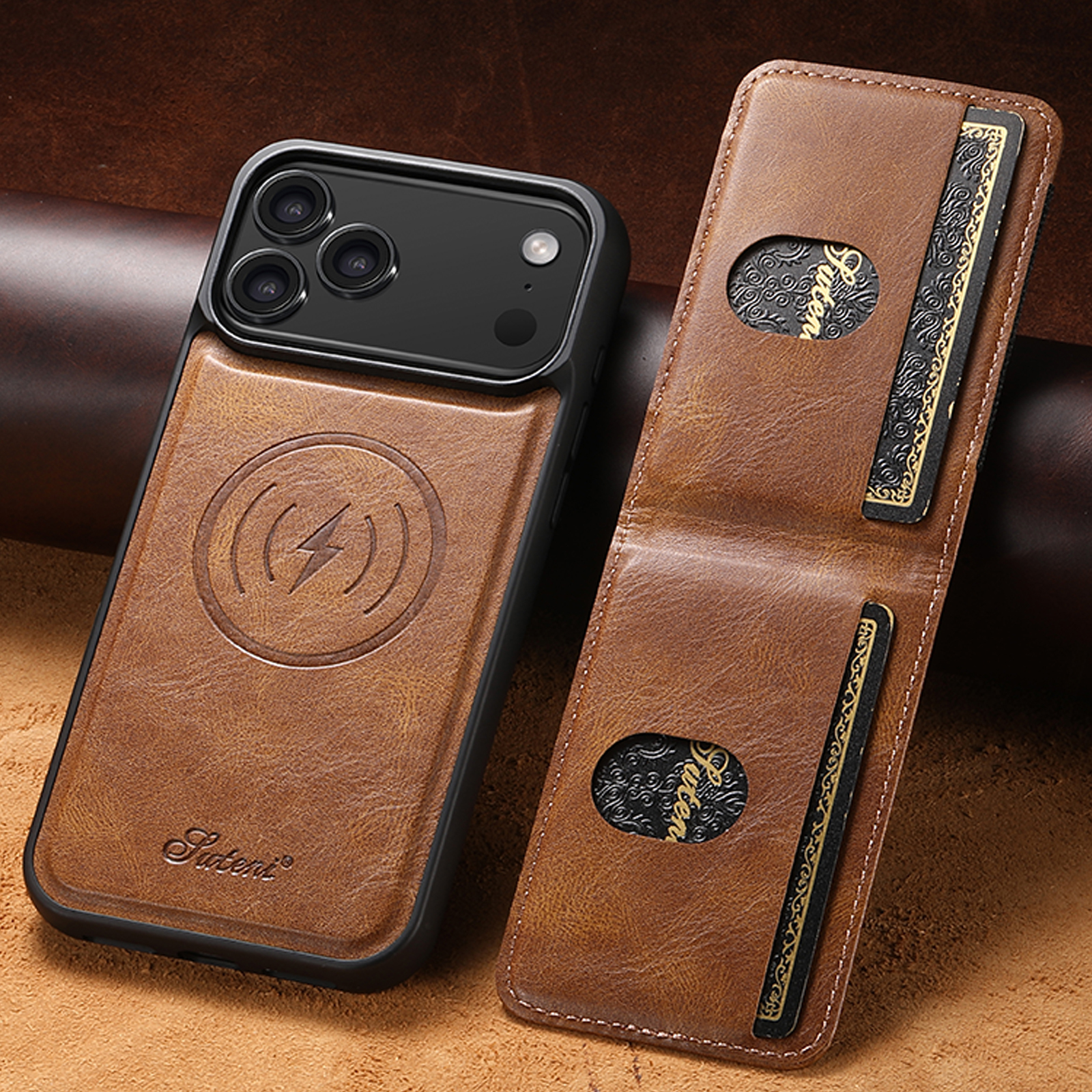 SUTENI H17YL Faux Leather Phone Case Wireless Charging Magnet Card Holder Stand For iPhone 17 Pro Max 16 Plus 15 14 13 12