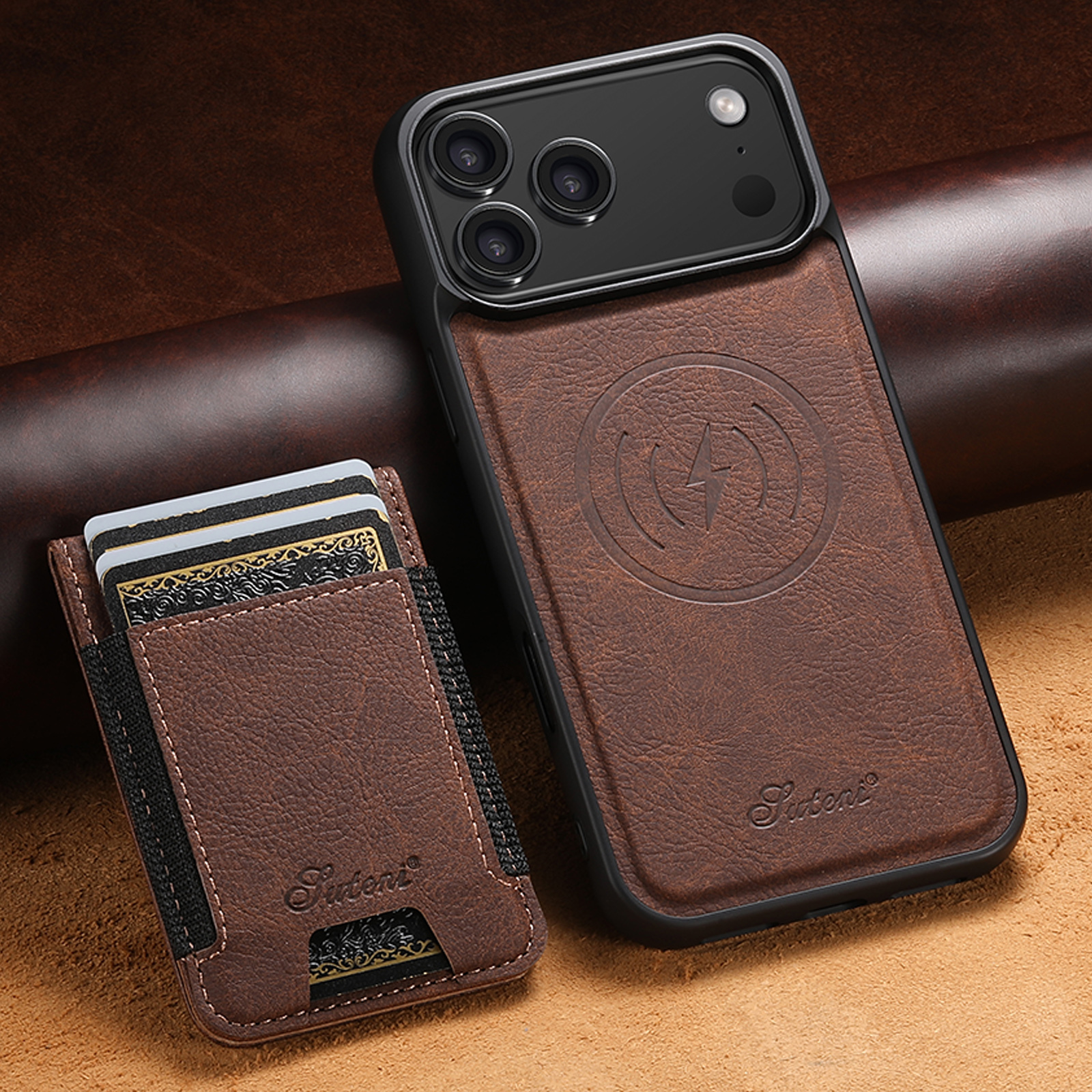 SUTENI H17LZ Magnet Wireless Charging Card Holder Stand Luxury Faux Leather Phone Case For iPhone 17 Pro Max 16 Plus 15 14 13 12