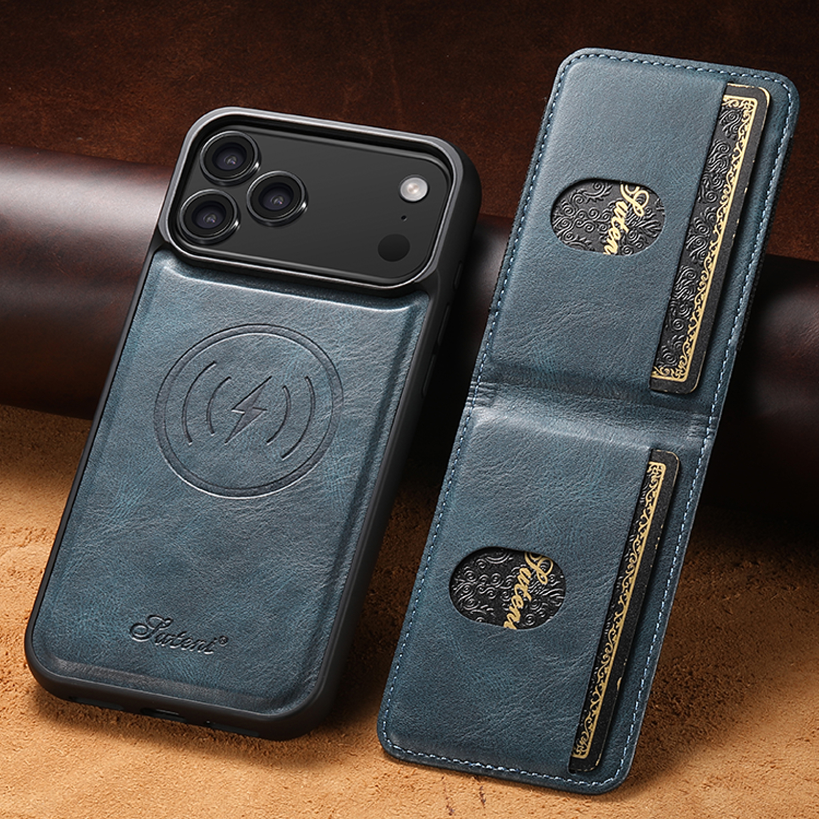 SUTENI H17YL Faux Leather Phone Case Wireless Charging Magnet Card Holder Stand For iPhone 17 Pro Max 16 Plus 15 14 13 12