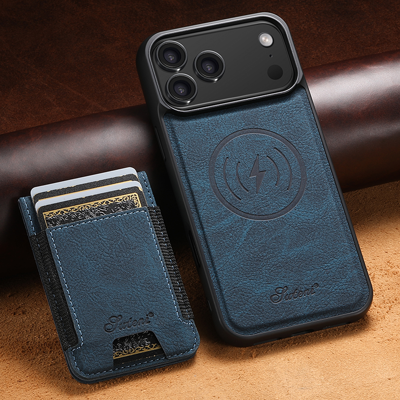 SUTENI H17LZ Magnet Wireless Charging Card Holder Stand Luxury Faux Leather Phone Case For iPhone 17 Pro Max 16 Plus 15 14 13 12
