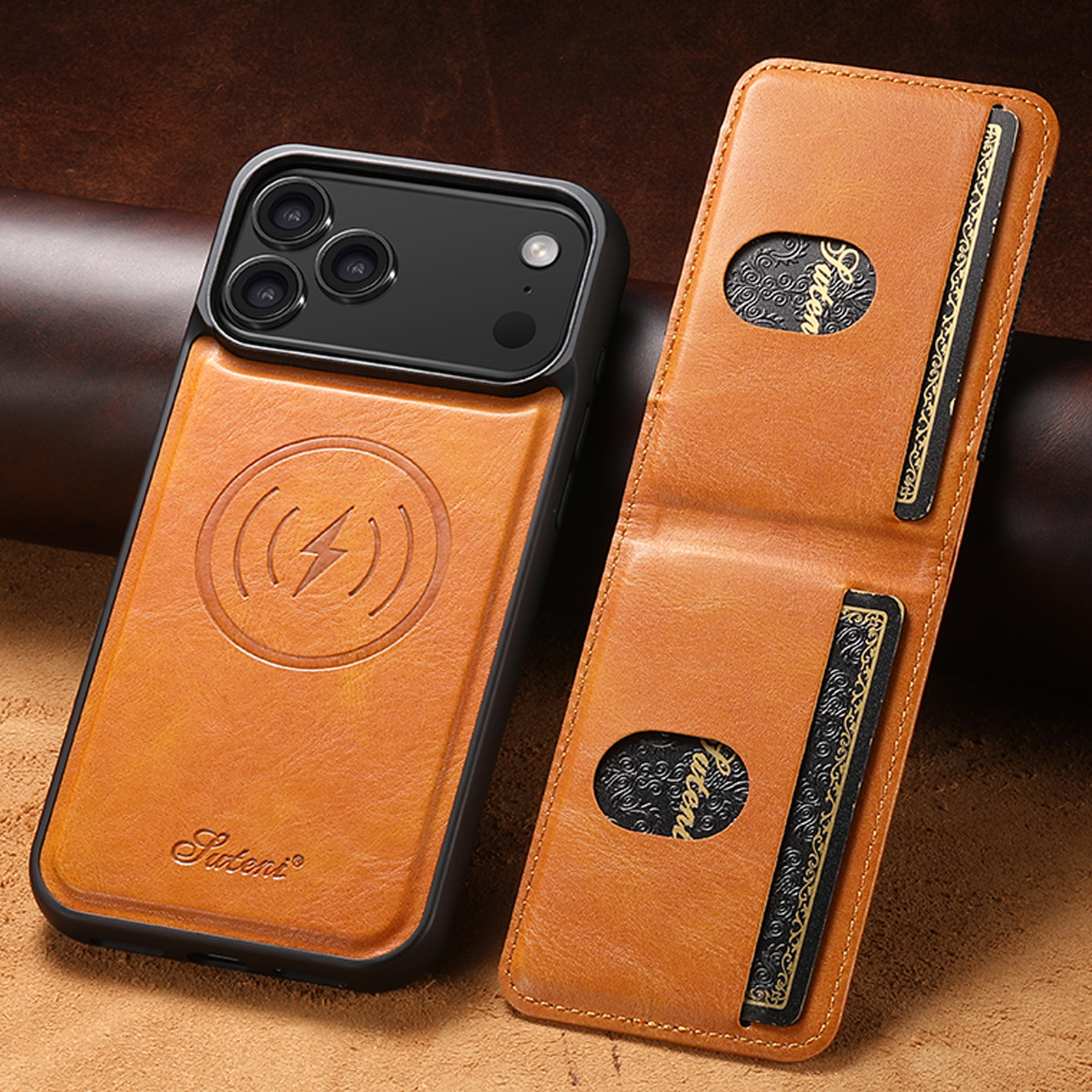 SUTENI H17YL Faux Leather Phone Case Wireless Charging Magnet Card Holder Stand For iPhone 17 Pro Max 16 Plus 15 14 13 12