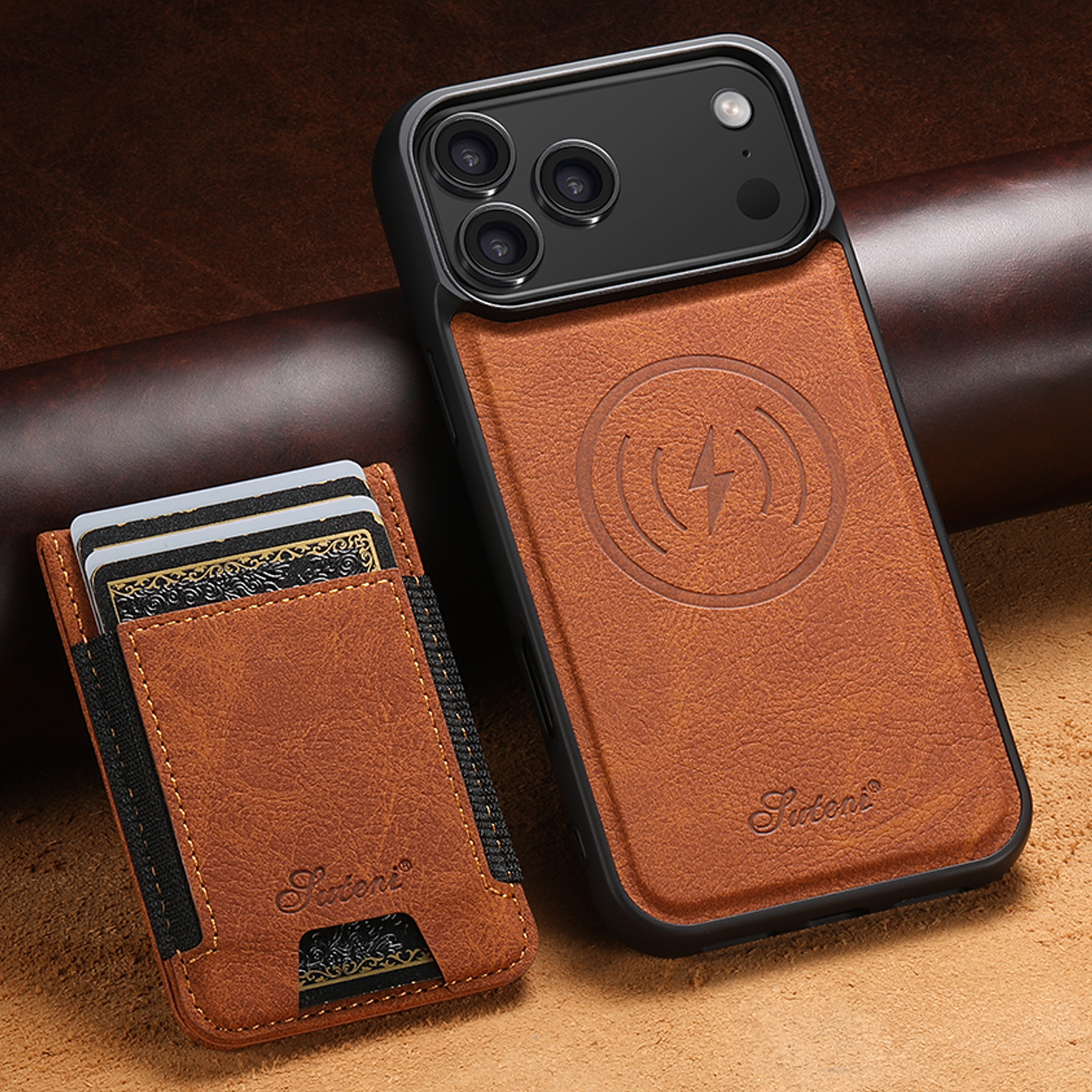 SUTENI H17LZ Magnet Wireless Charging Card Holder Stand Luxury Faux Leather Phone Case For iPhone 17 Pro Max 16 Plus 15 14 13 12