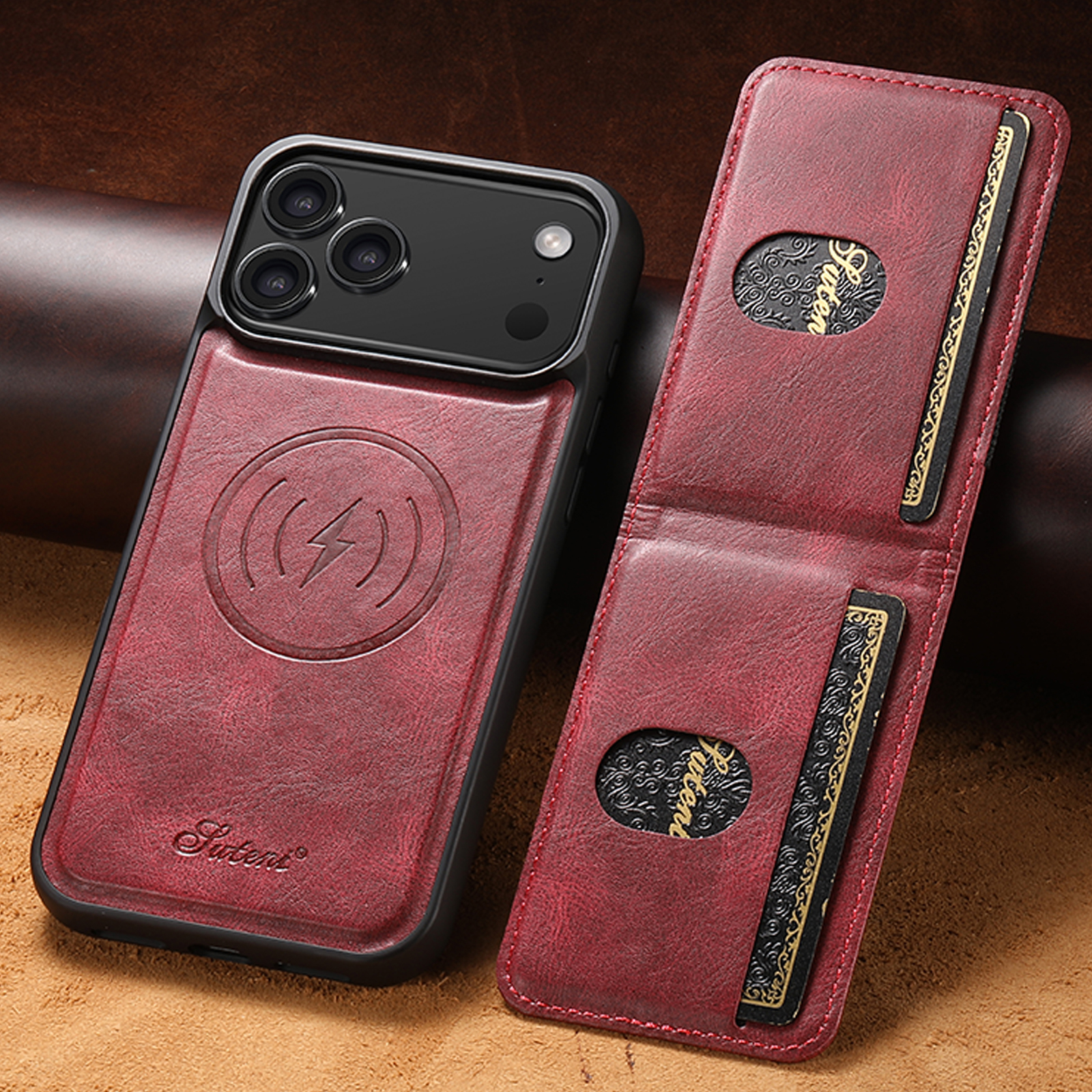 SUTENI H17YL Faux Leather Phone Case Wireless Charging Magnet Card Holder Stand For iPhone 17 Pro Max 16 Plus 15 14 13 12