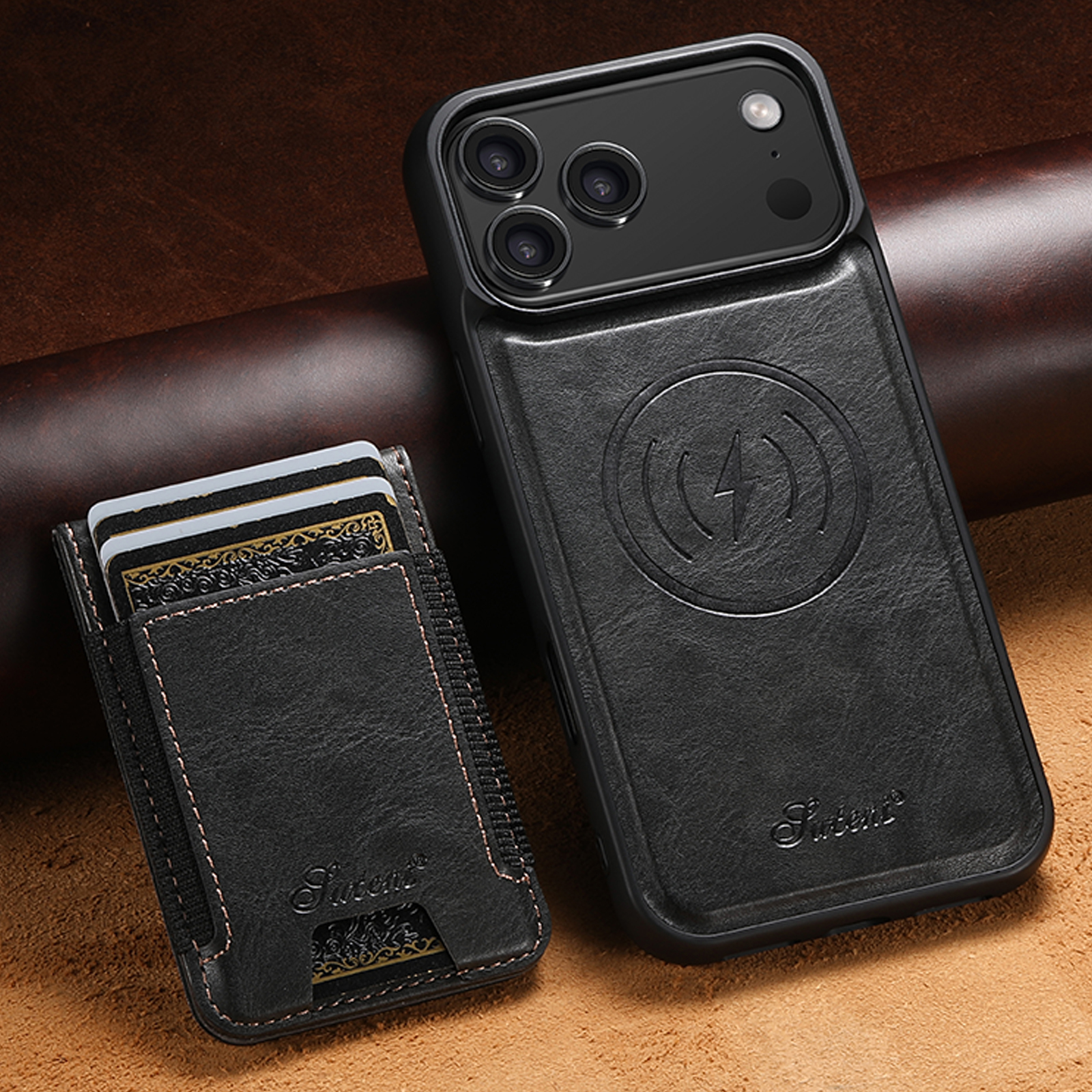 SUTENI H17YL Faux Leather Phone Case Wireless Charging Magnet Card Holder Stand For iPhone 17 Pro Max 16 Plus 15 14 13 12